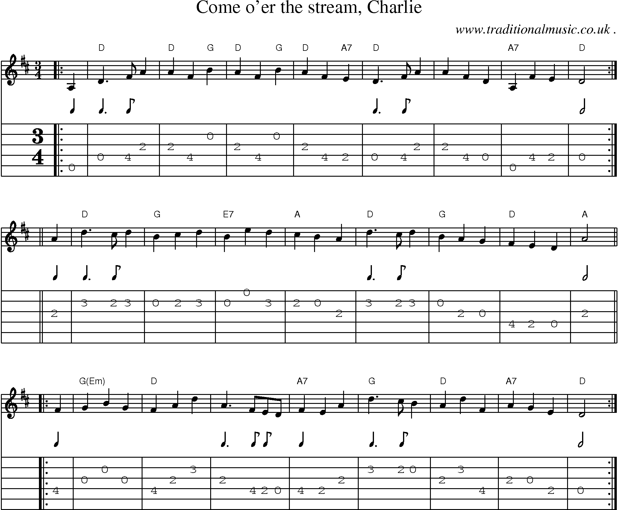 Sheet-music  score, Chords and Guitar Tabs for Come Oer The Stream Charlie