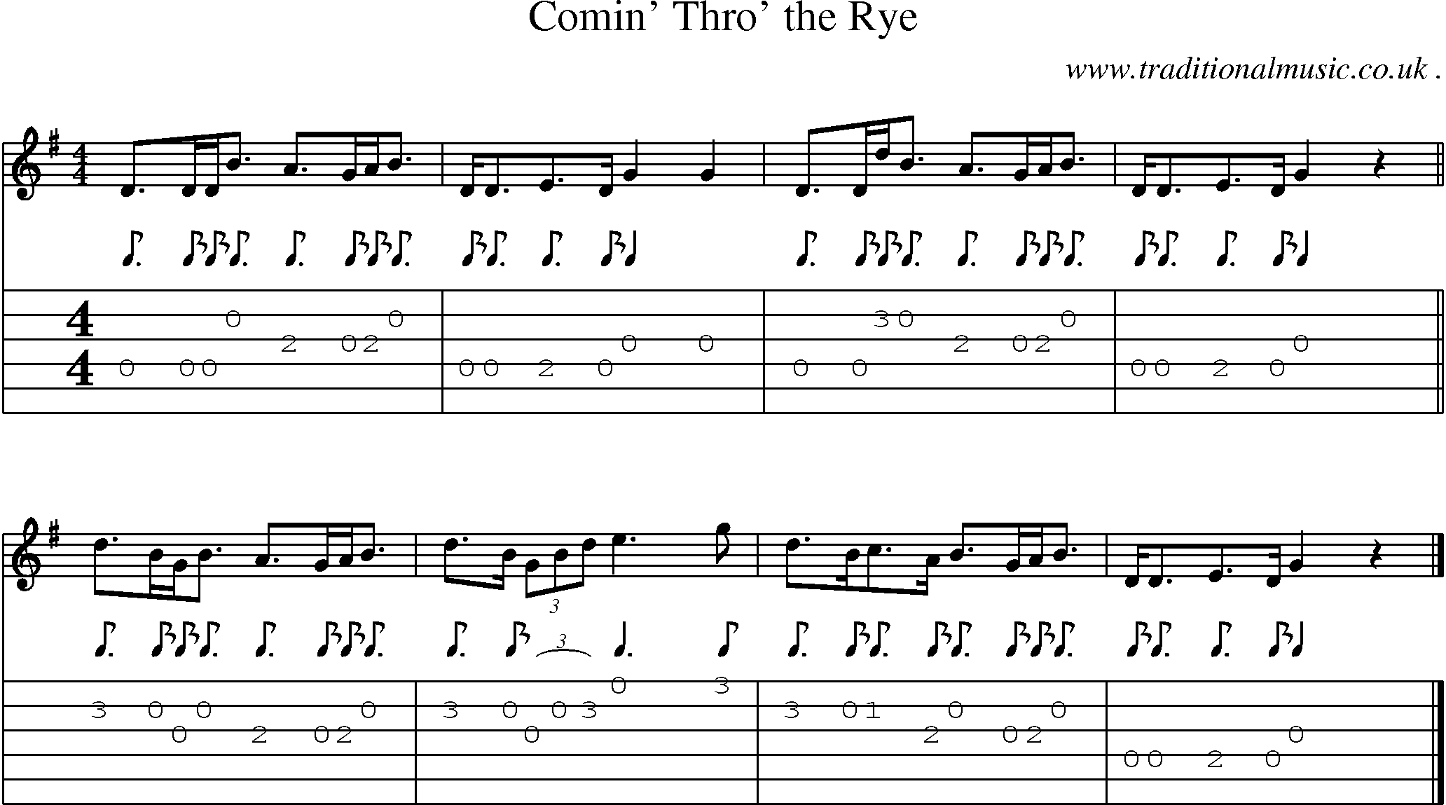 Sheet-music  score, Chords and Guitar Tabs for Comin Thro The Rye