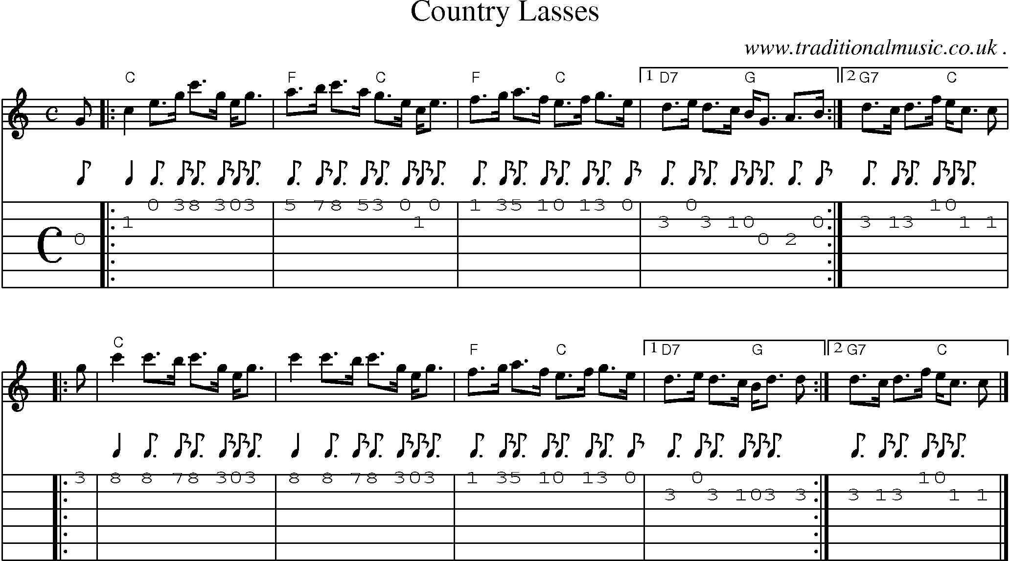 Sheet-music  score, Chords and Guitar Tabs for Country Lasses