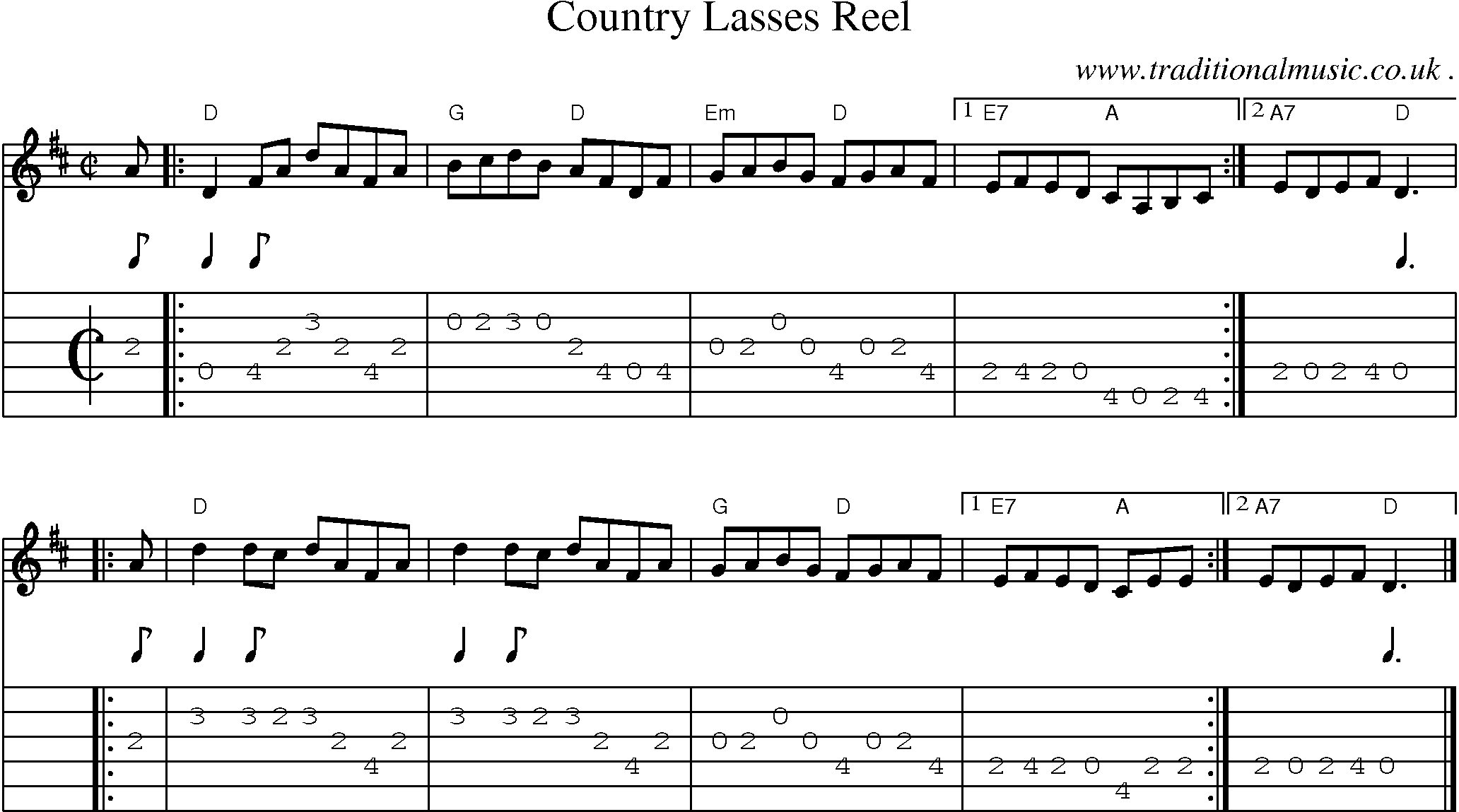 Sheet-music  score, Chords and Guitar Tabs for Country Lasses Reel