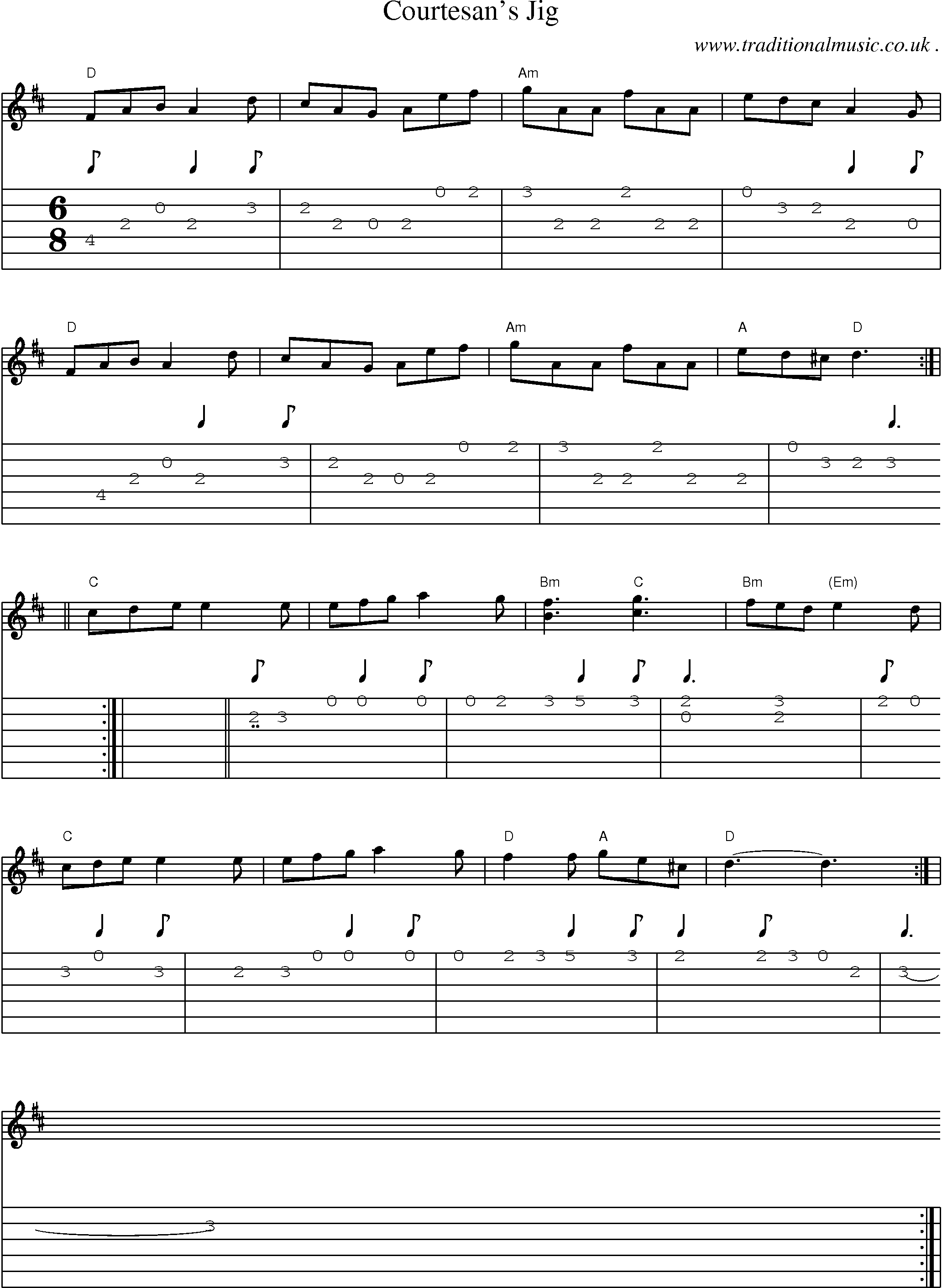 Sheet-music  score, Chords and Guitar Tabs for Courtesans Jig