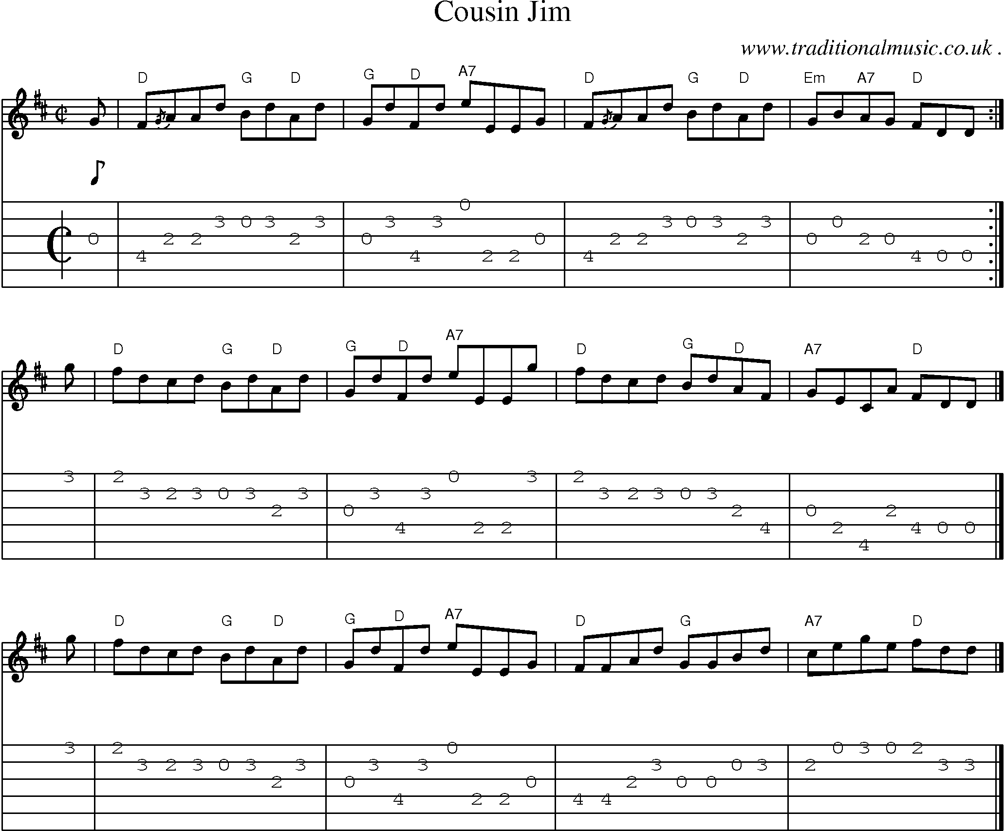Sheet-music  score, Chords and Guitar Tabs for Cousin Jim
