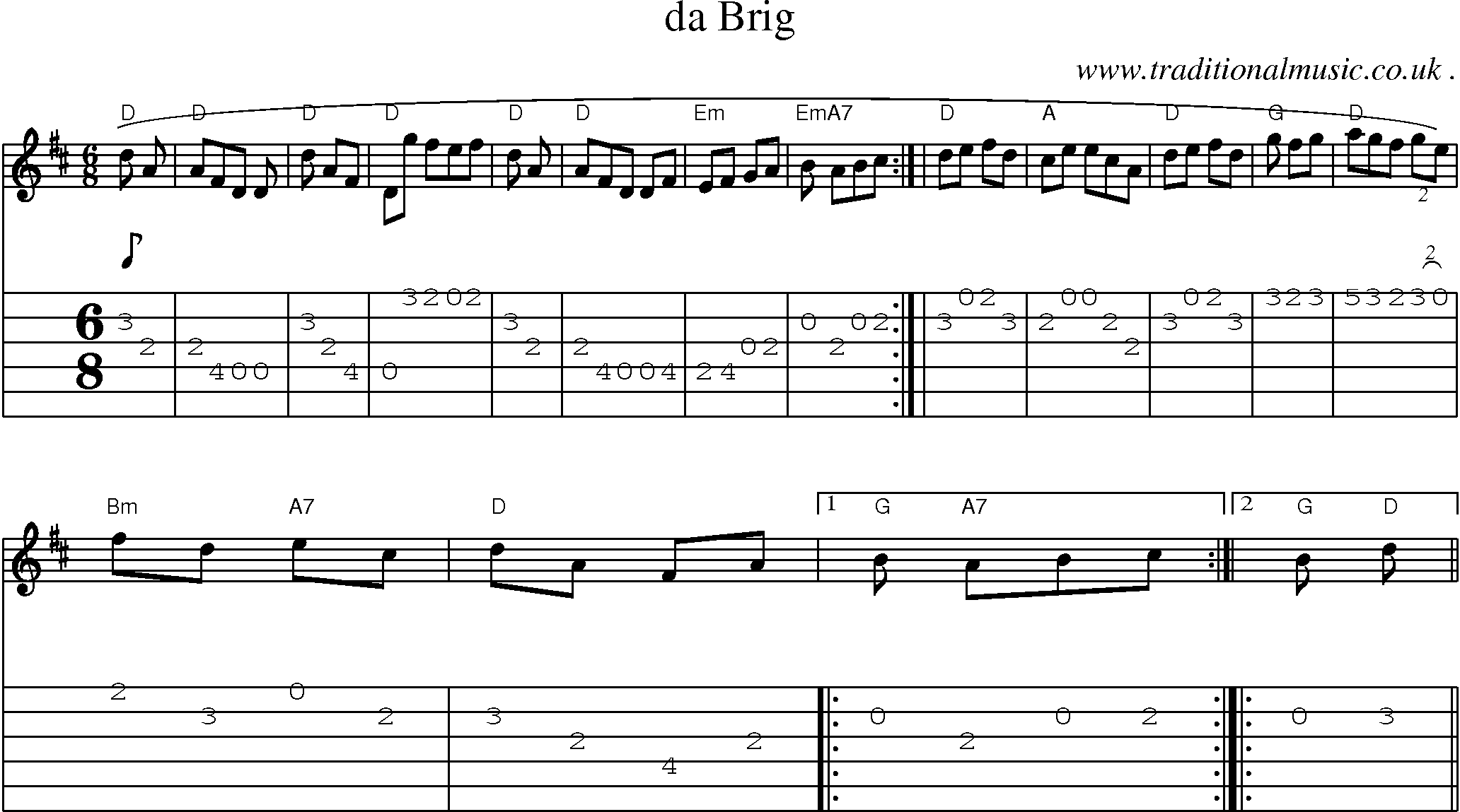 Sheet-music  score, Chords and Guitar Tabs for Da Brig