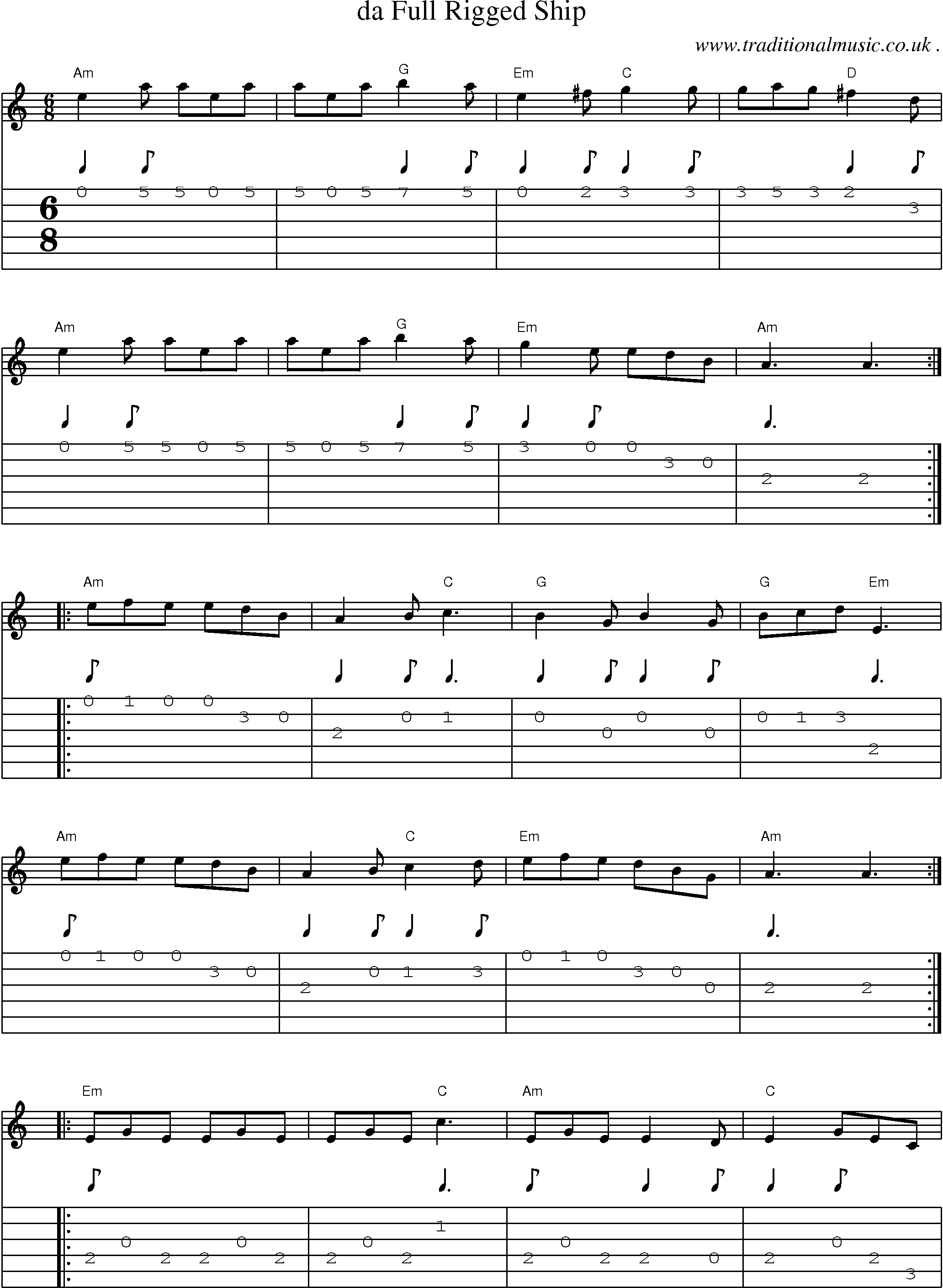 Sheet-music  score, Chords and Guitar Tabs for Da Full Rigged Ship