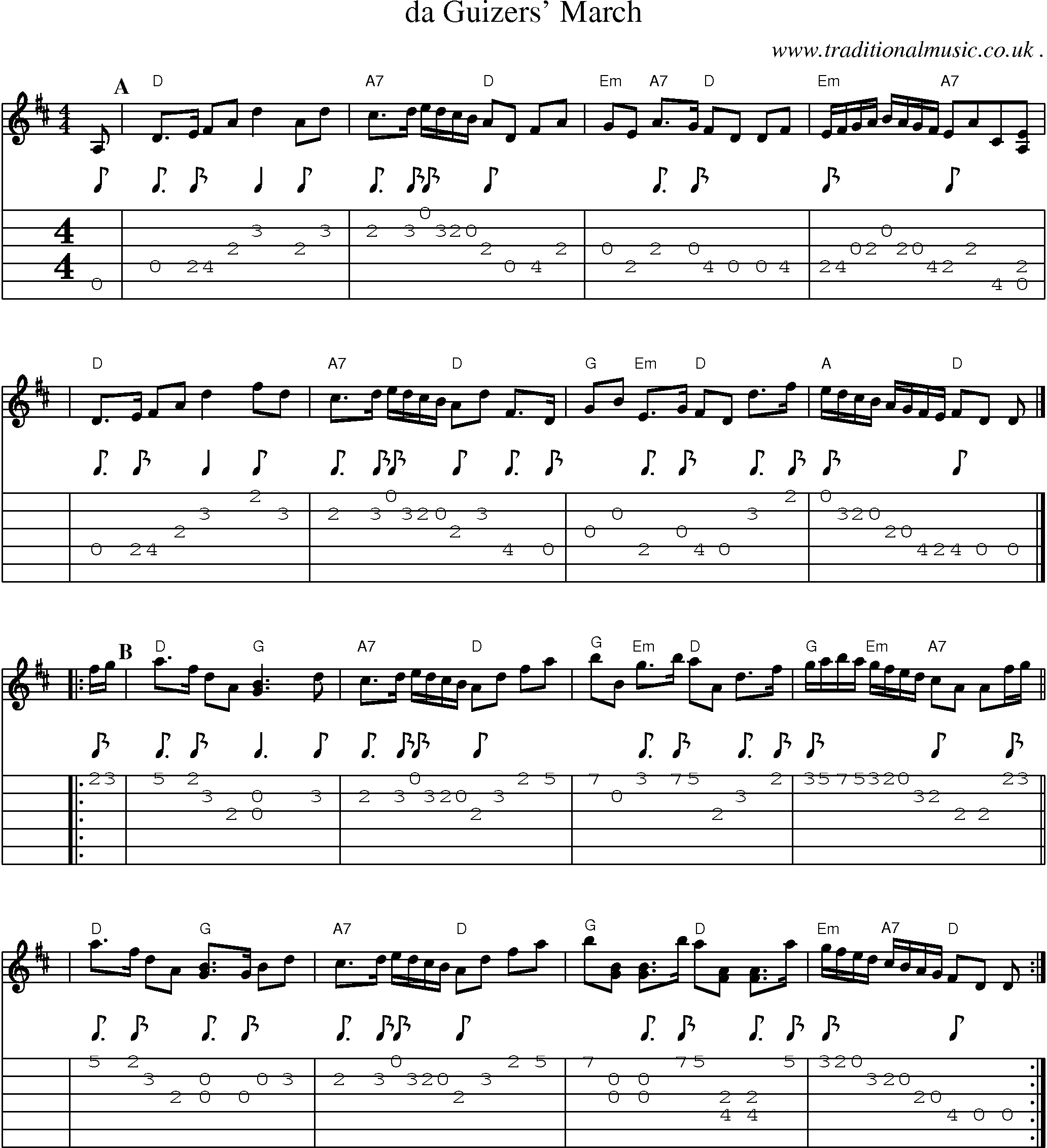 Sheet-music  score, Chords and Guitar Tabs for Da Guizers March