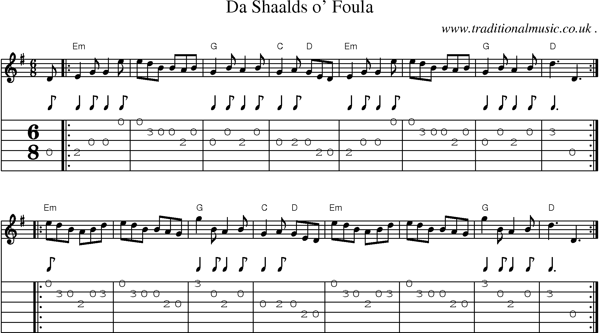 Sheet-music  score, Chords and Guitar Tabs for Da Shaalds O Foula