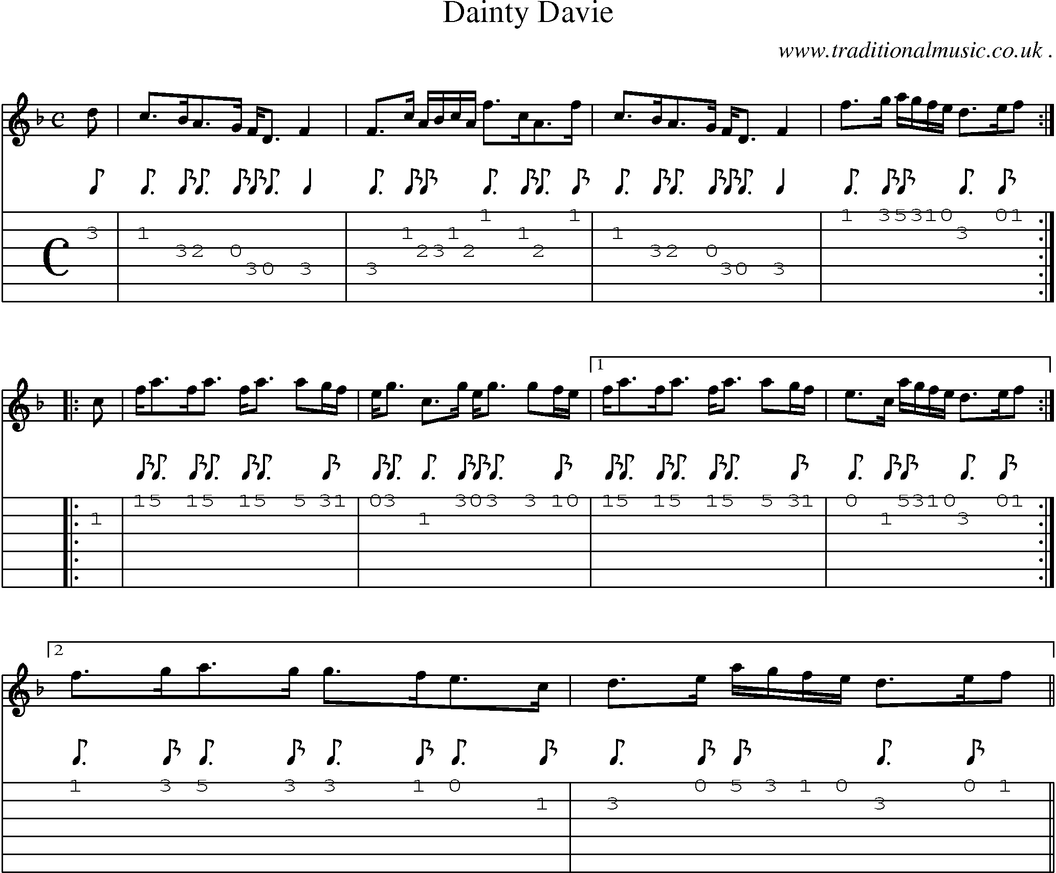 Sheet-music  score, Chords and Guitar Tabs for Dainty Davie