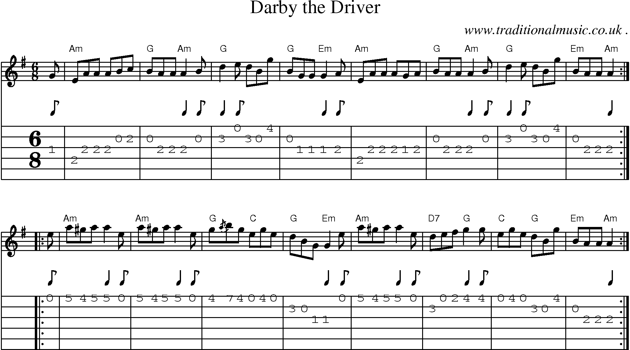Sheet-music  score, Chords and Guitar Tabs for Darby The Driver