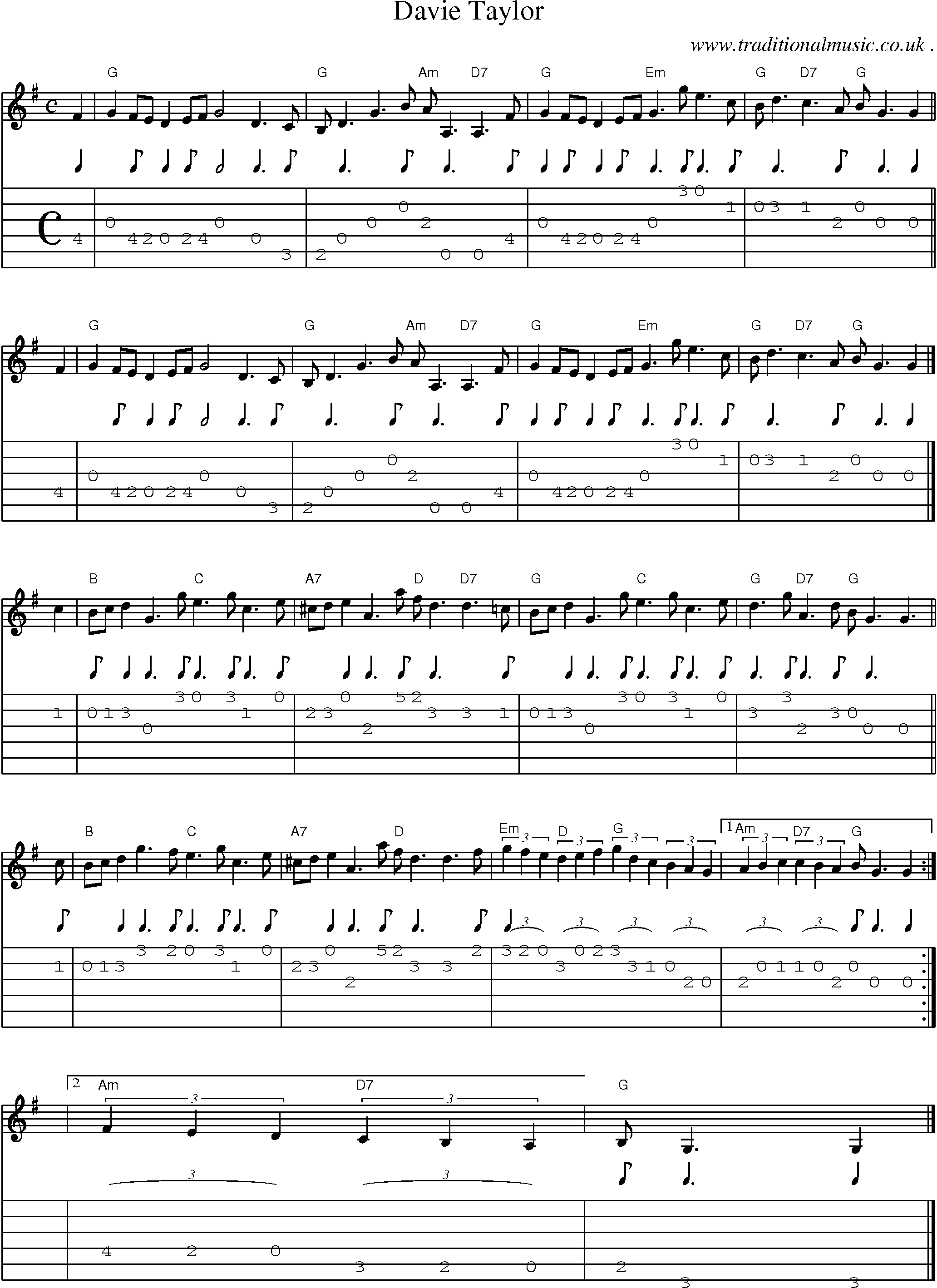 Sheet-music  score, Chords and Guitar Tabs for Davie Taylor