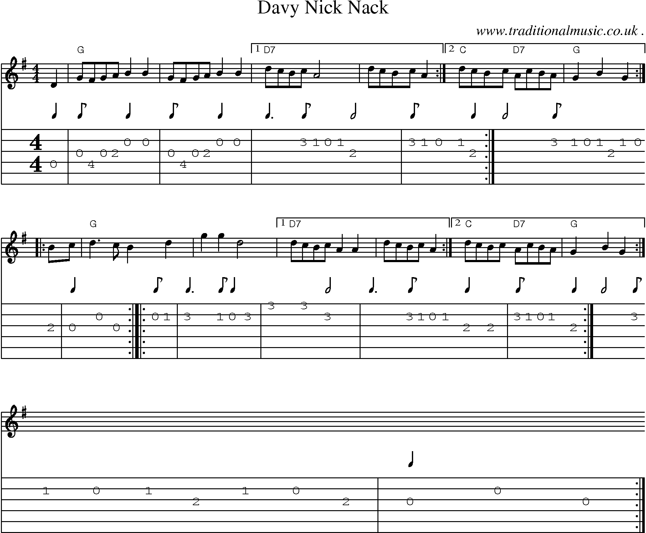 Sheet-music  score, Chords and Guitar Tabs for Davy Nick Nack
