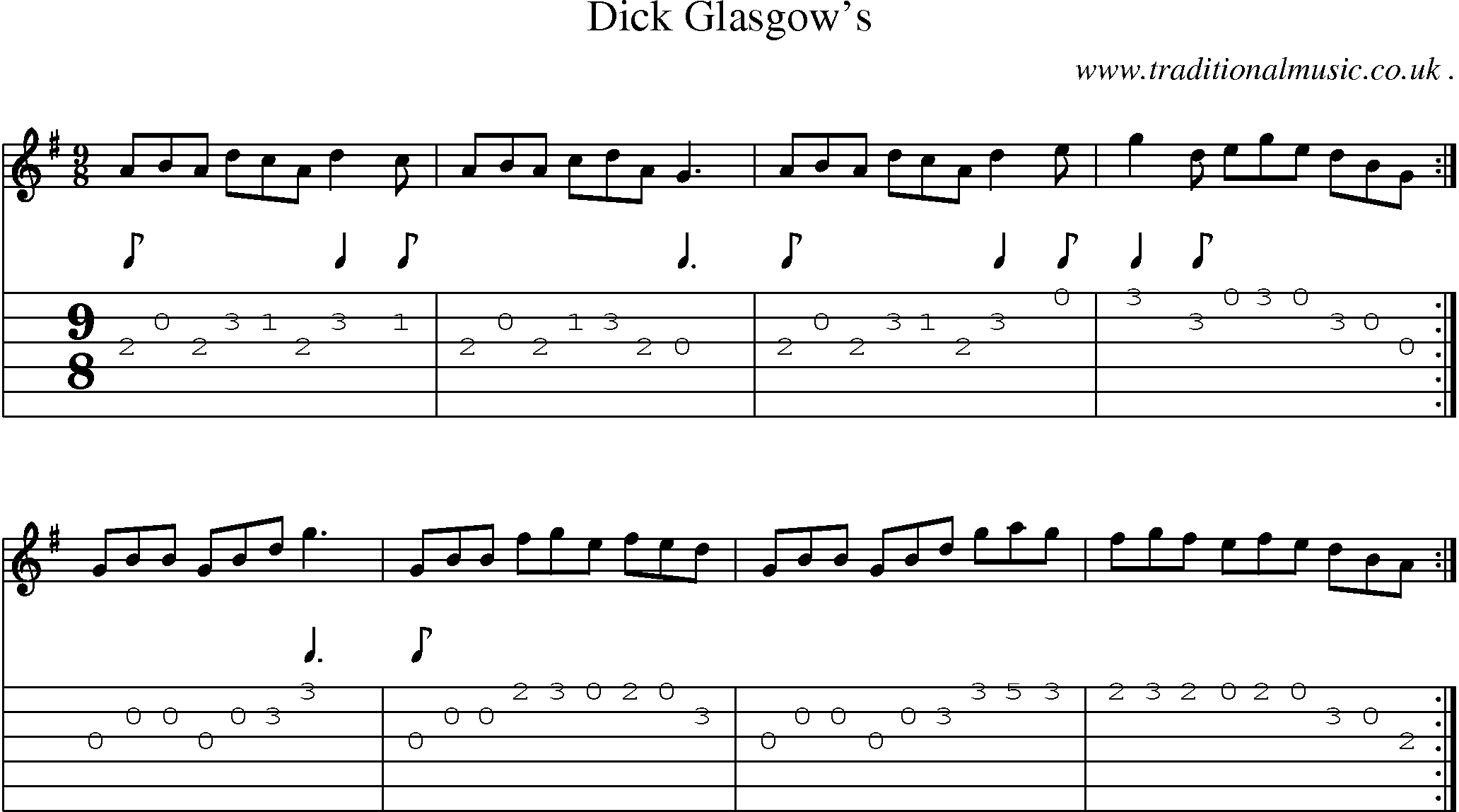 Sheet-music  score, Chords and Guitar Tabs for Dick Glasgows
