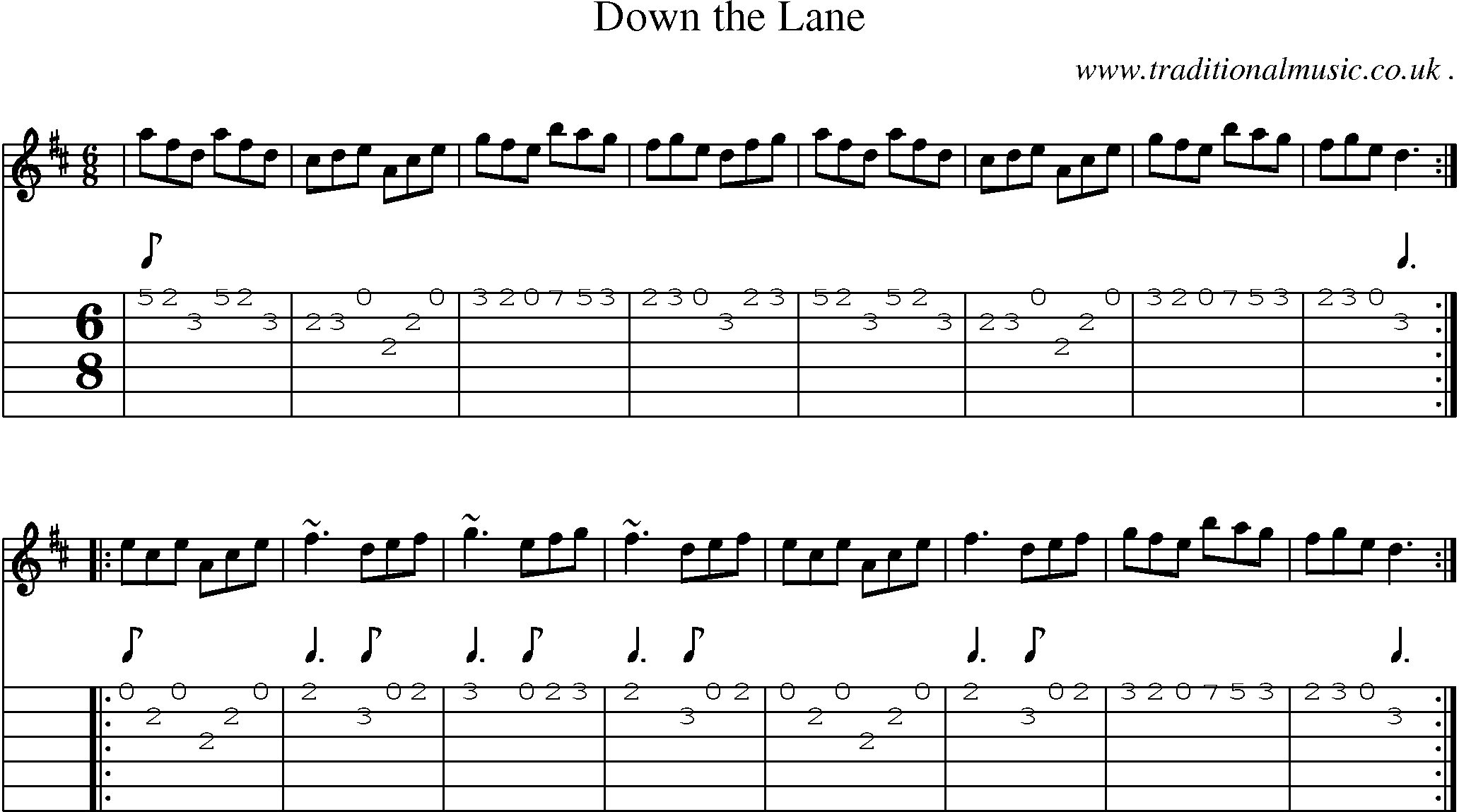 Sheet-music  score, Chords and Guitar Tabs for Down The Lane