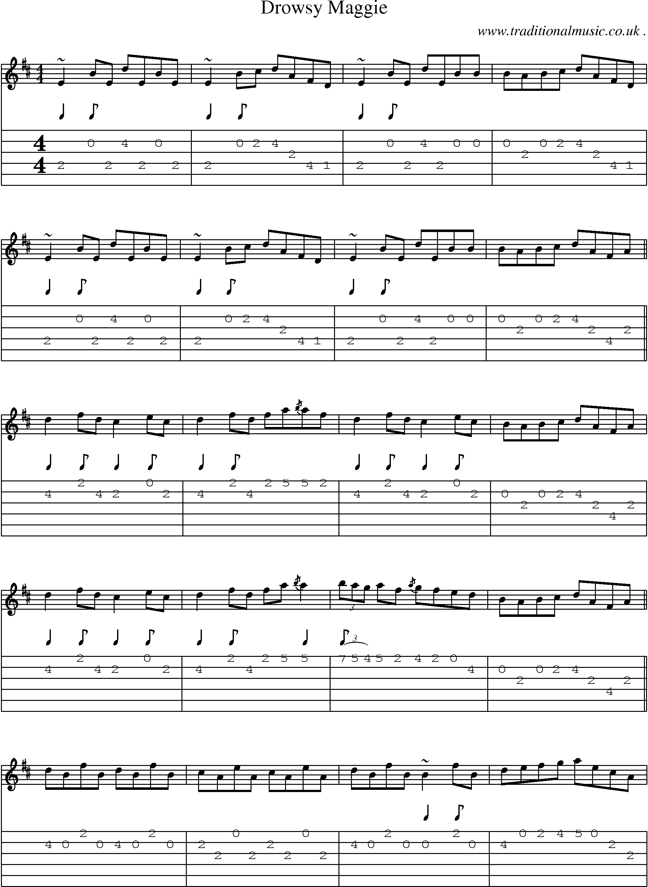 Sheet-music  score, Chords and Guitar Tabs for Drowsy Maggie
