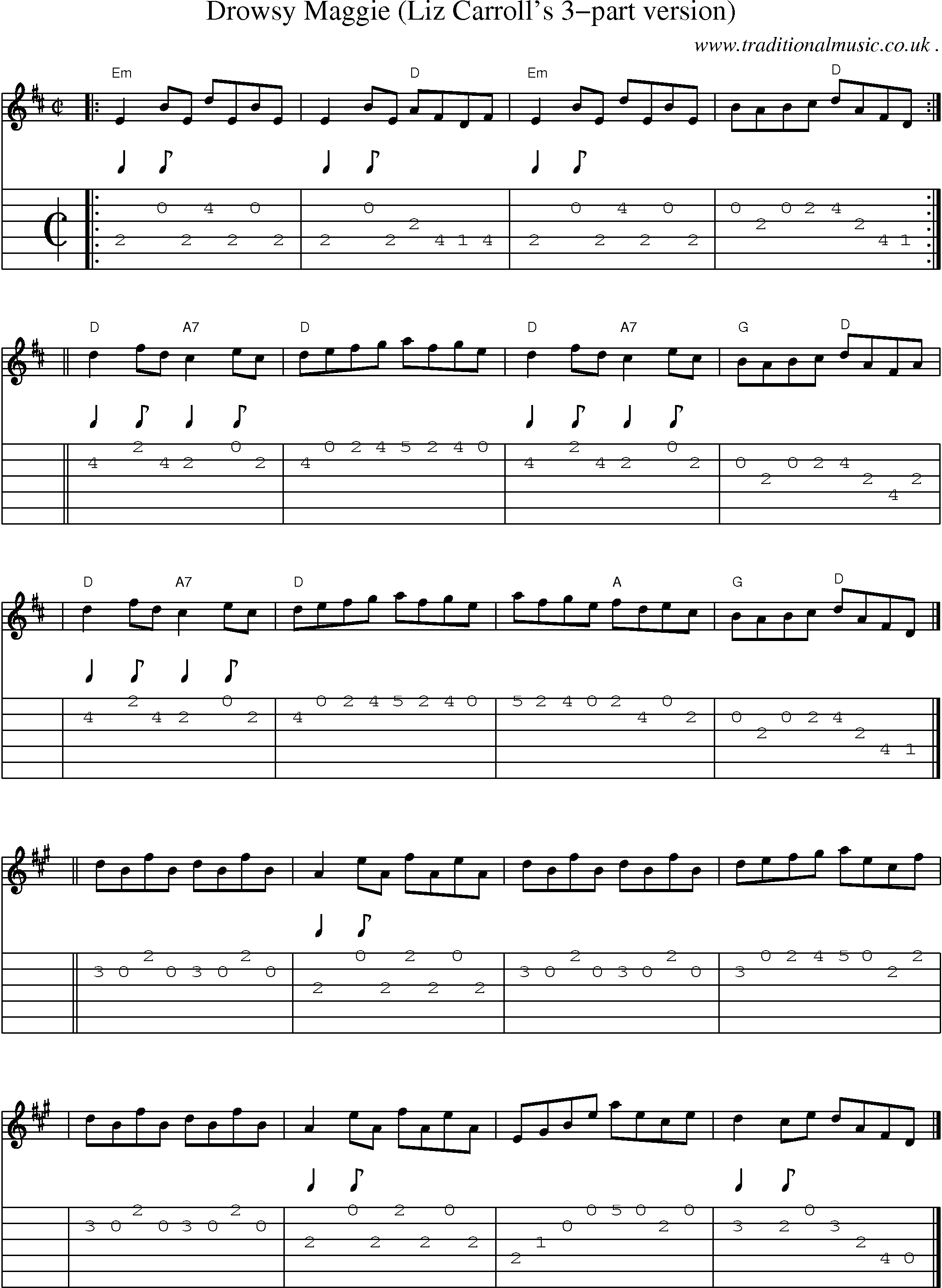 Sheet-music  score, Chords and Guitar Tabs for Drowsy Maggie Liz Carrolls 3-part Version