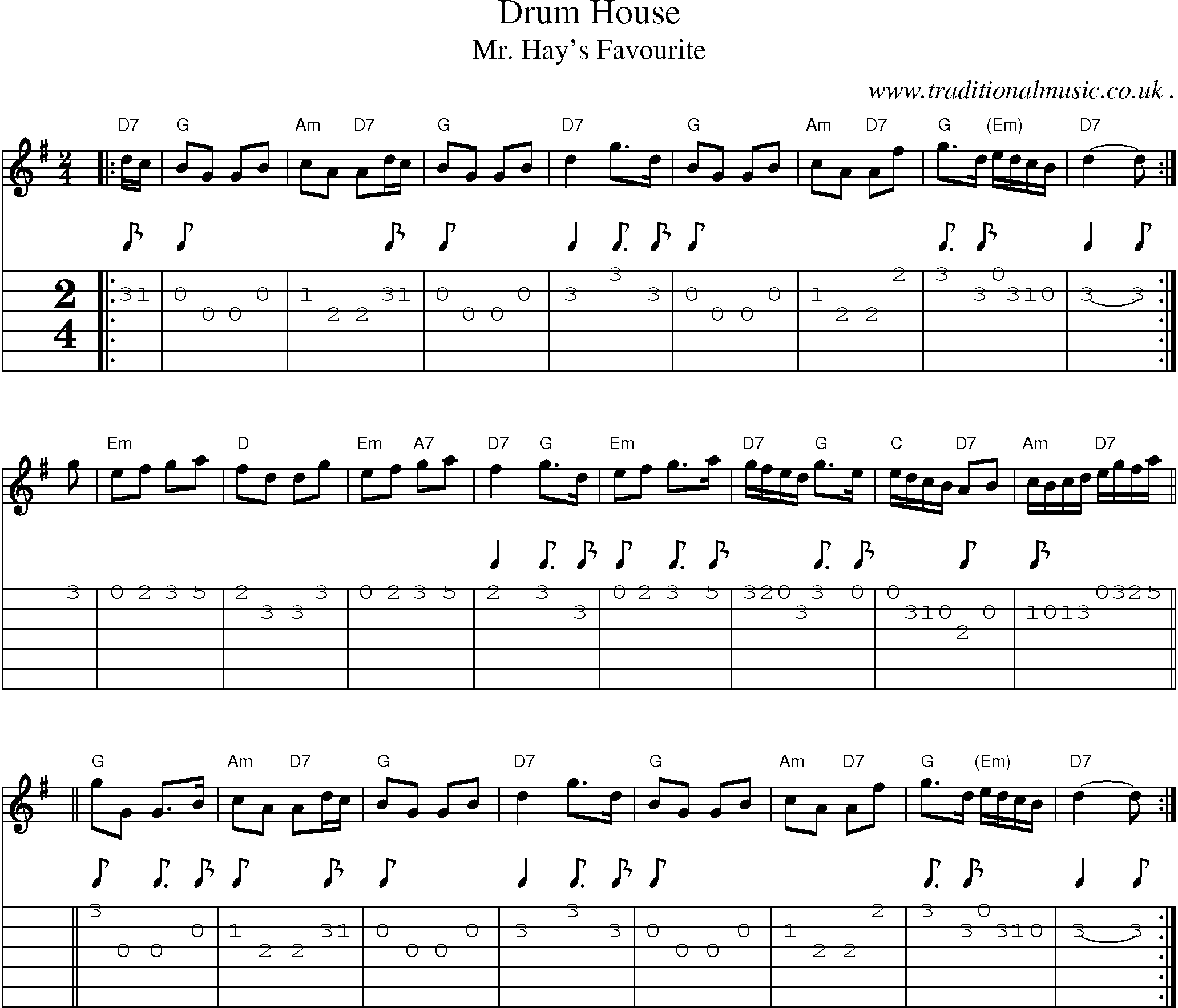 Sheet-music  score, Chords and Guitar Tabs for Drum House