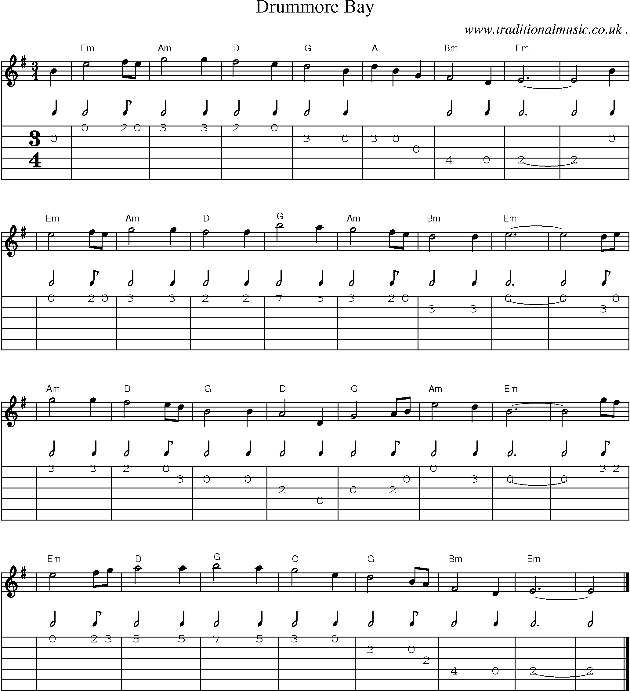 Sheet-music  score, Chords and Guitar Tabs for Drummore Bay