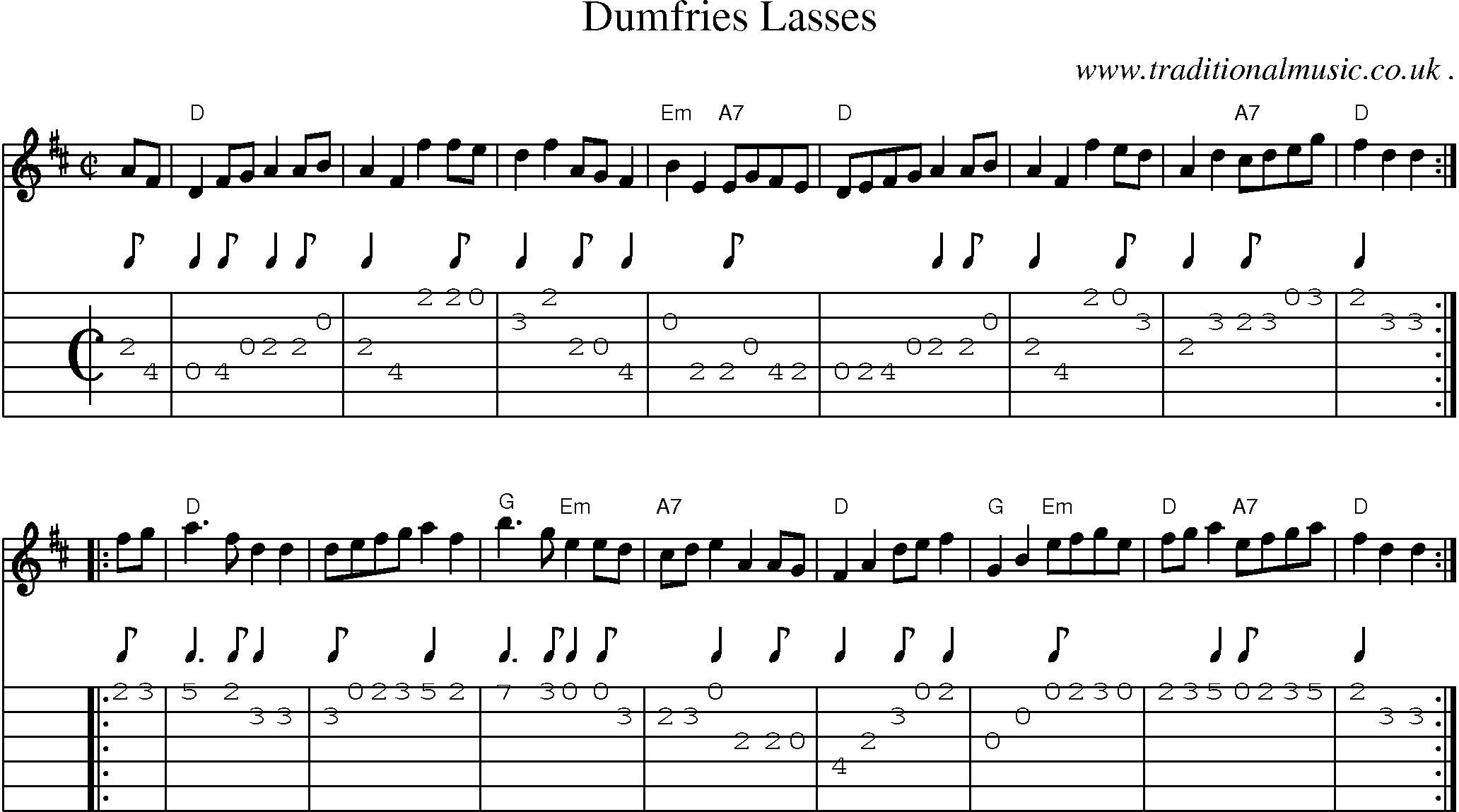 Sheet-music  score, Chords and Guitar Tabs for Dumfries Lasses