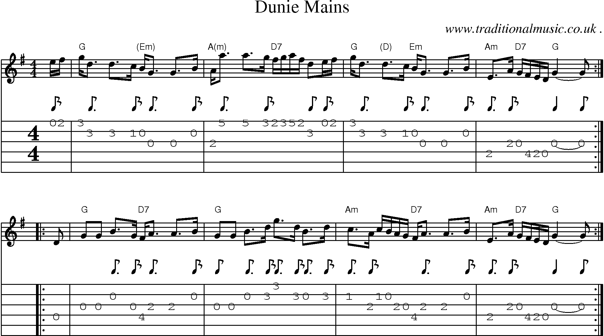 Sheet-music  score, Chords and Guitar Tabs for Dunie Mains