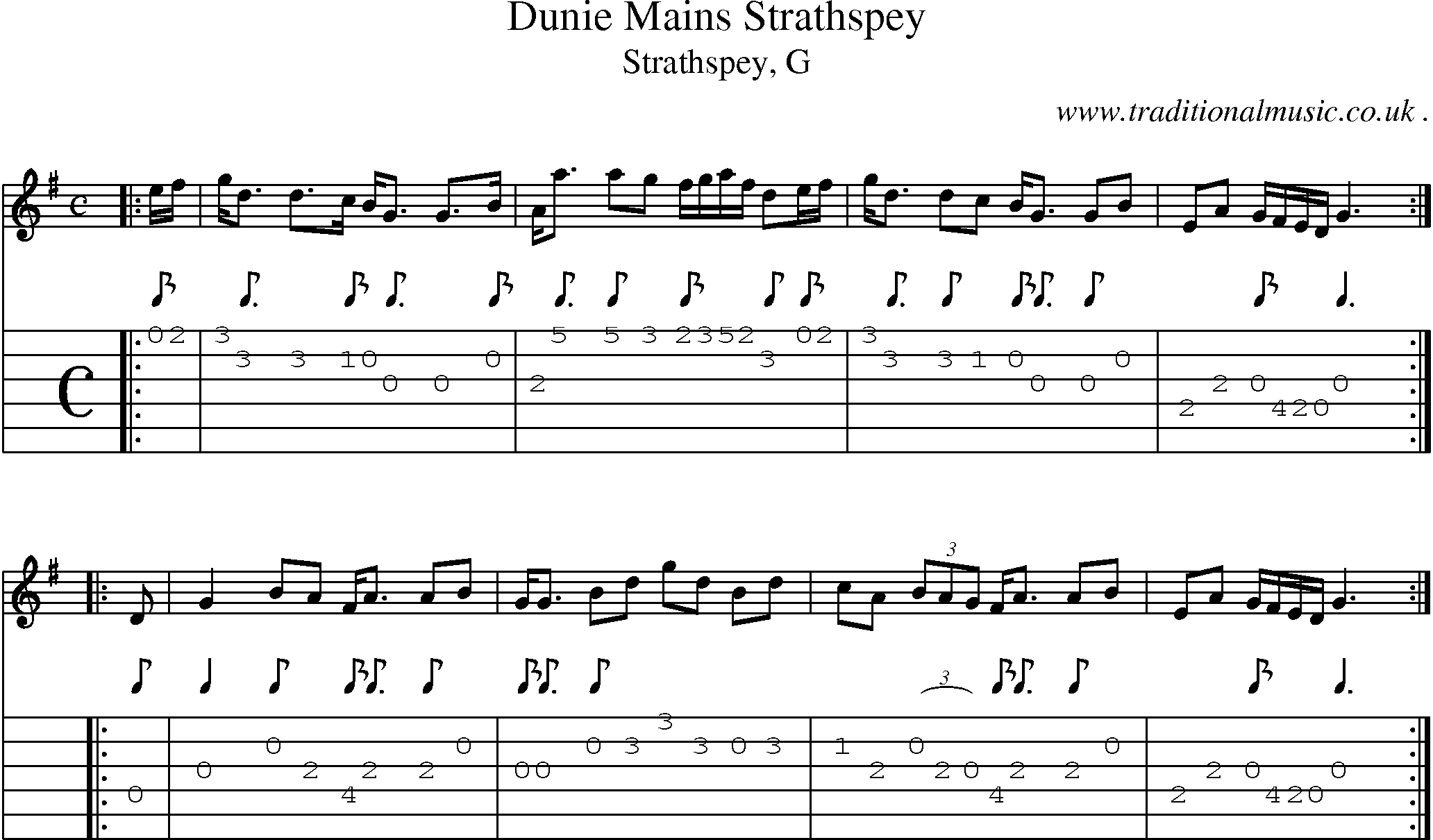 Sheet-music  score, Chords and Guitar Tabs for Dunie Mains Strathspey