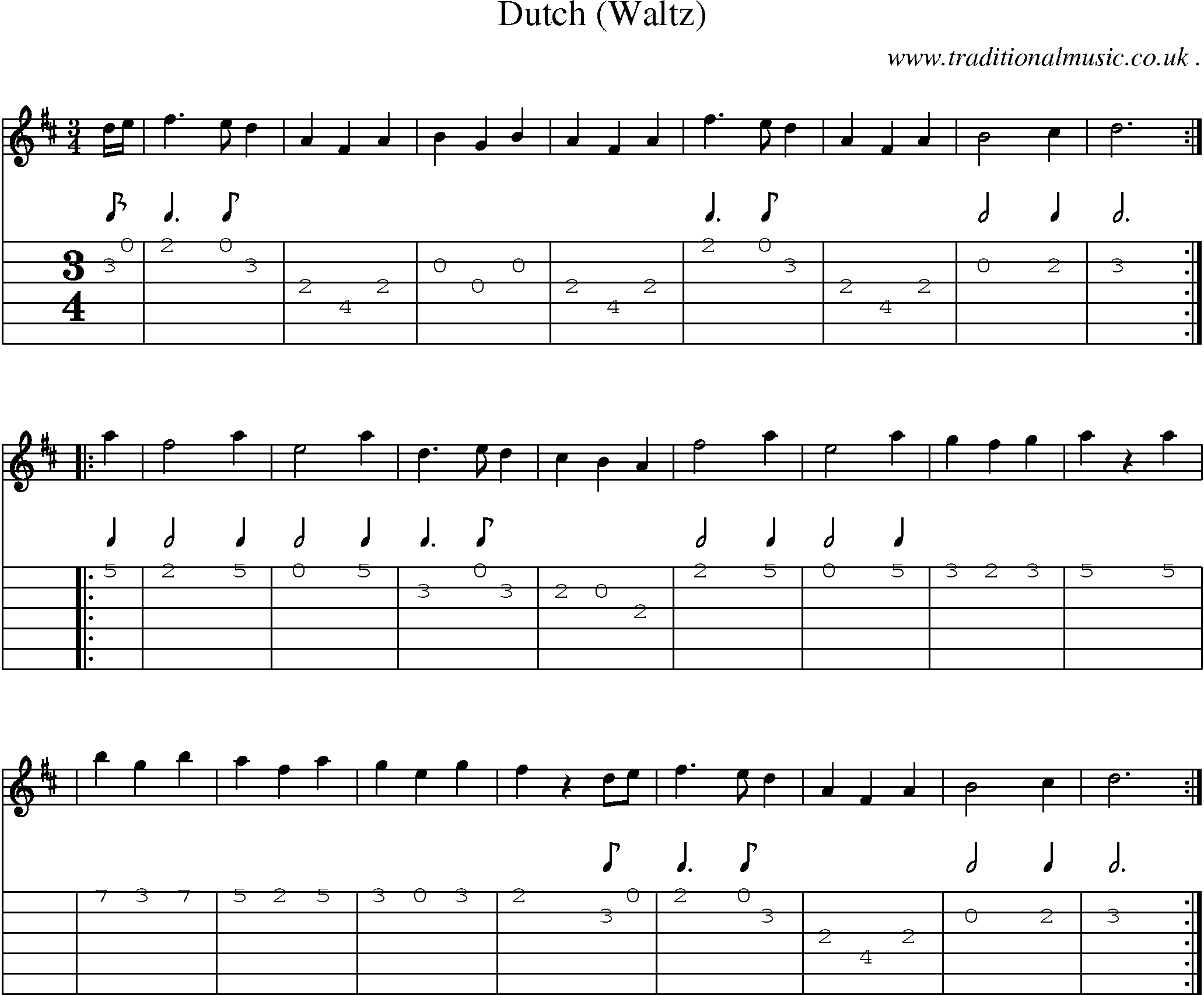 Sheet-music  score, Chords and Guitar Tabs for Dutch Waltz