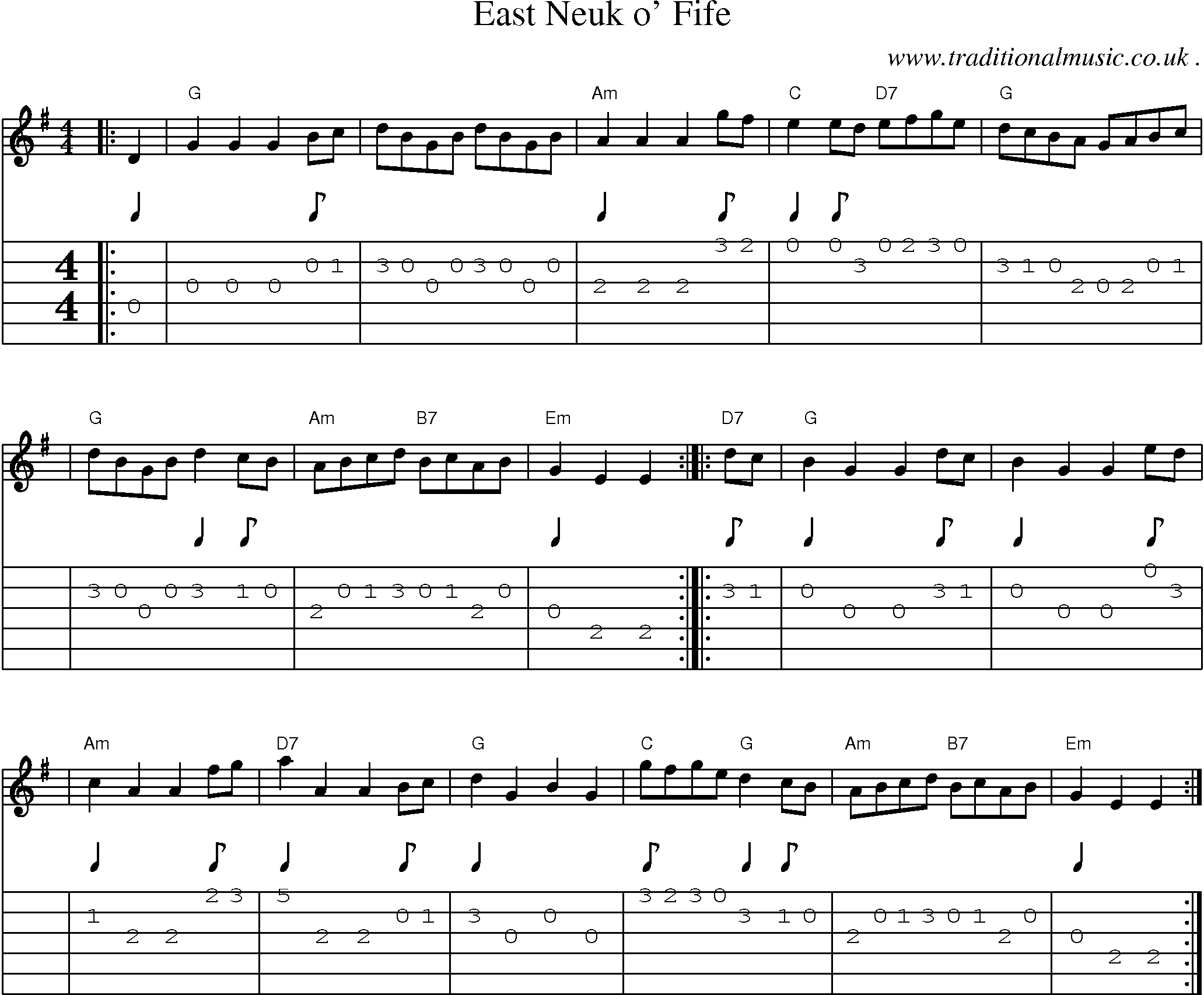 Sheet-music  score, Chords and Guitar Tabs for East Neuk O Fife