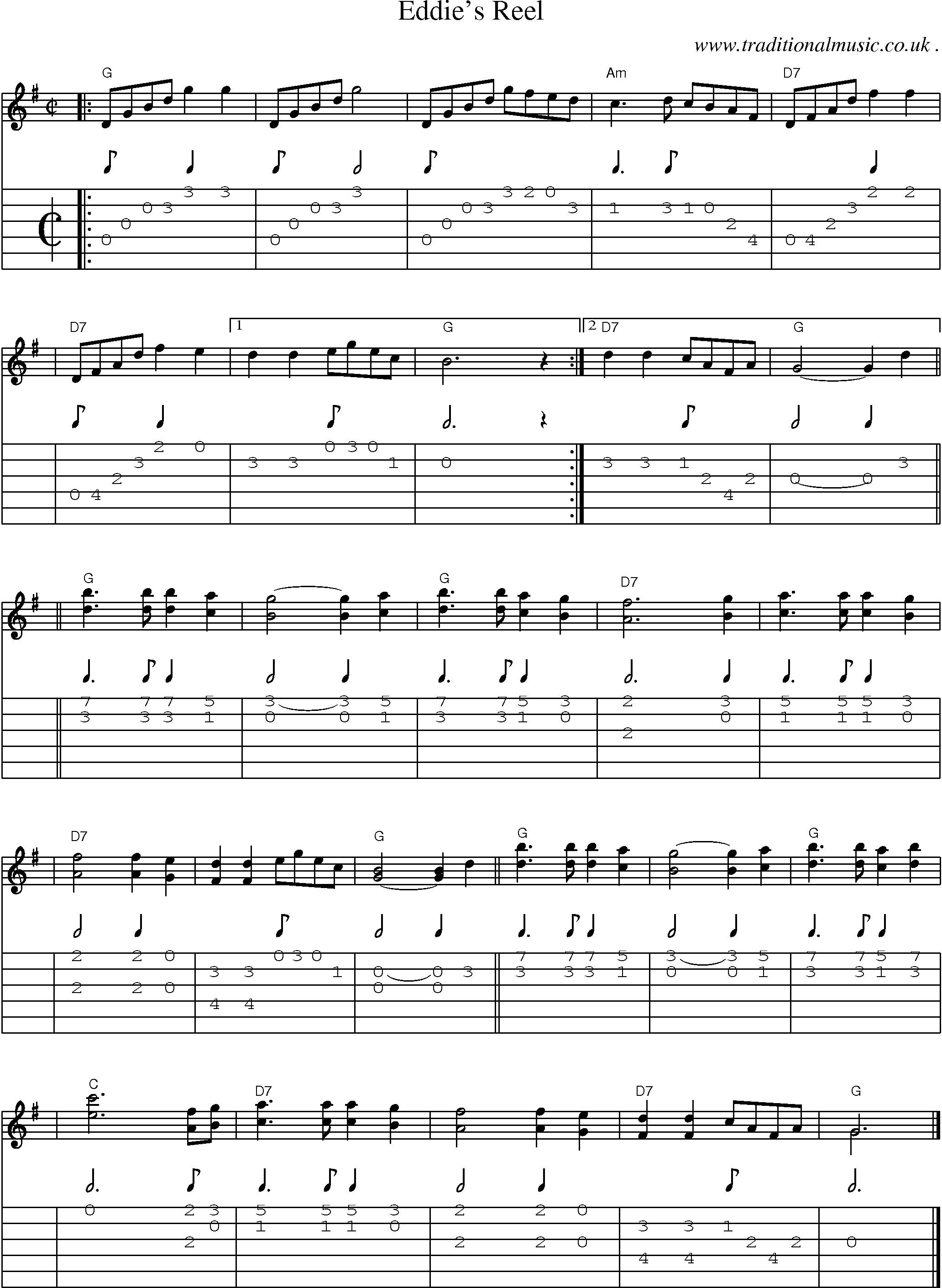 Sheet-music  score, Chords and Guitar Tabs for Eddies Reel
