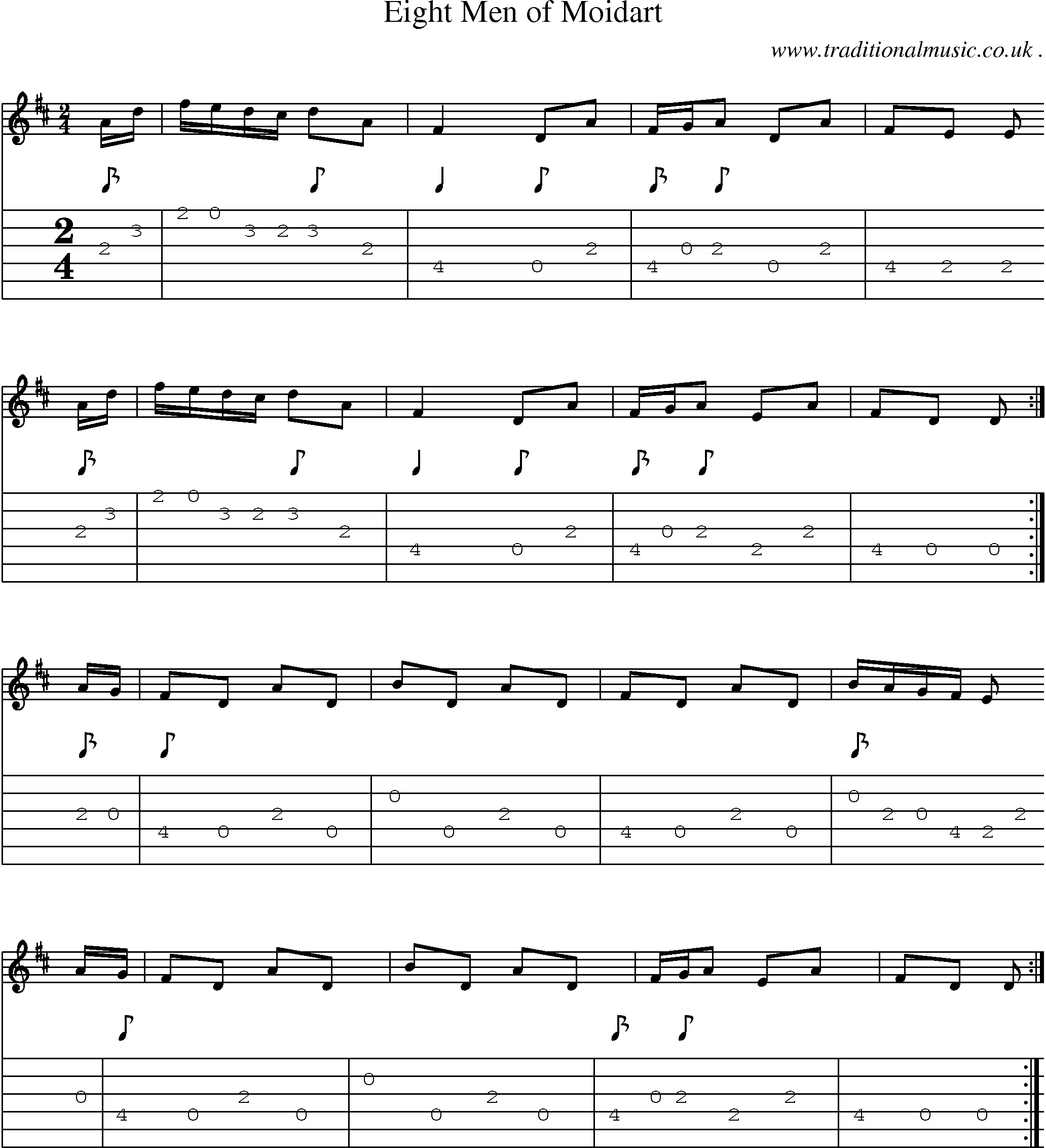 Sheet-music  score, Chords and Guitar Tabs for Eight Men Of Moidart