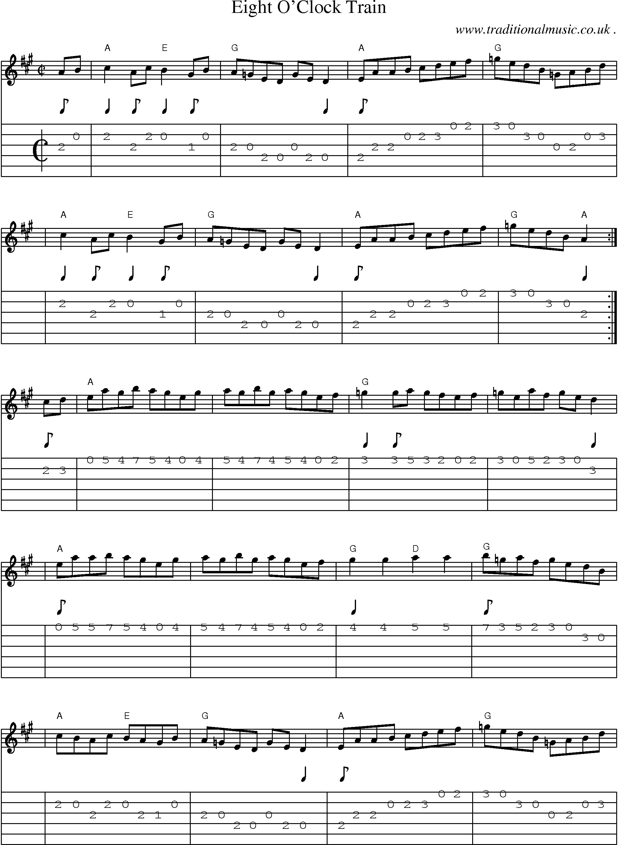 Sheet-music  score, Chords and Guitar Tabs for Eight Oclock Train