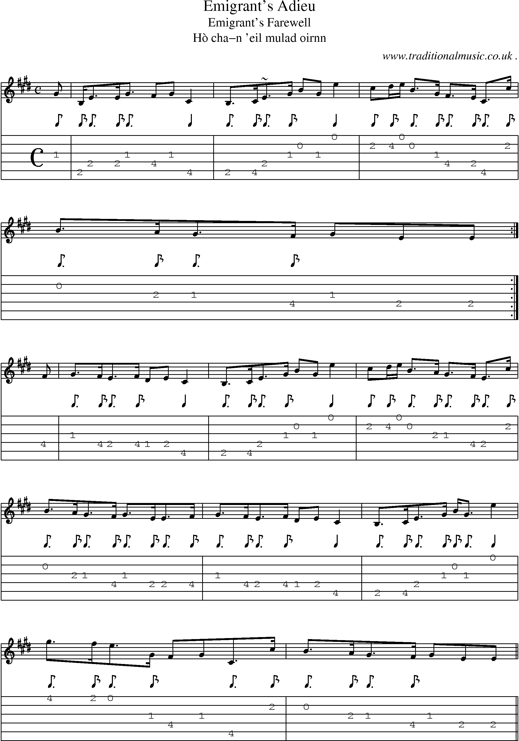 Sheet-music  score, Chords and Guitar Tabs for Emigrants Adieu