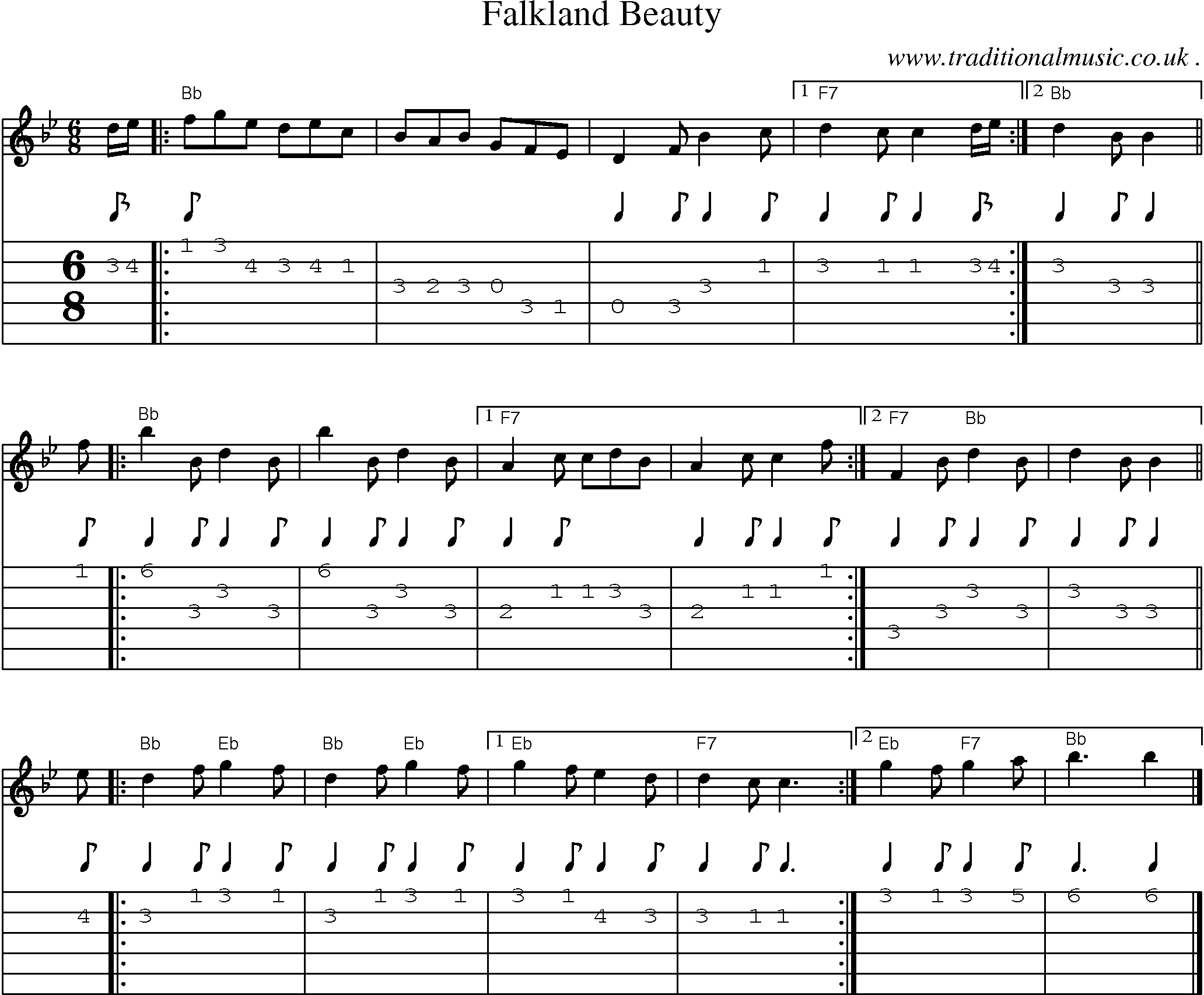 Sheet-music  score, Chords and Guitar Tabs for Falkland Beauty