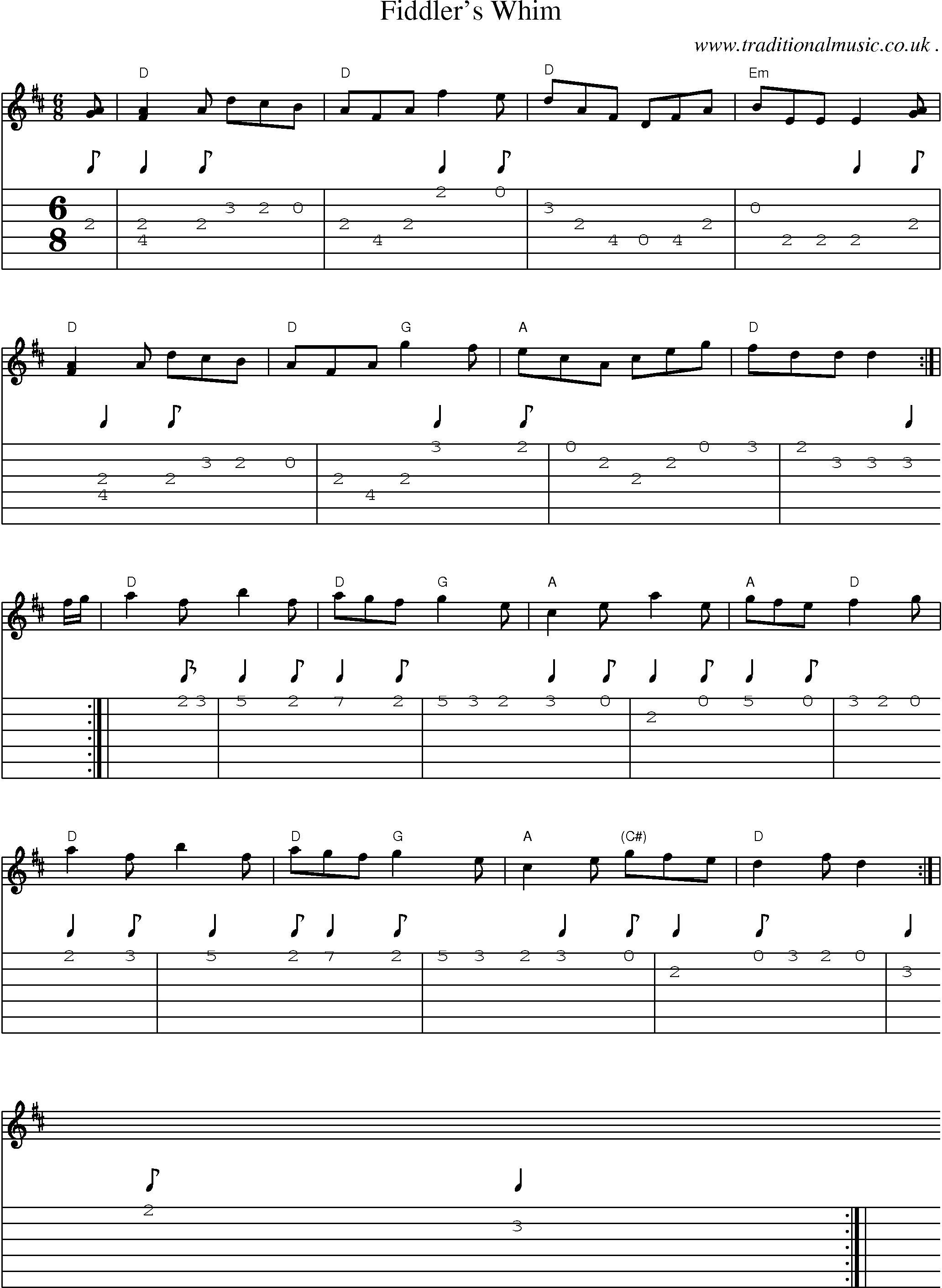 Sheet-music  score, Chords and Guitar Tabs for Fiddlers Whim