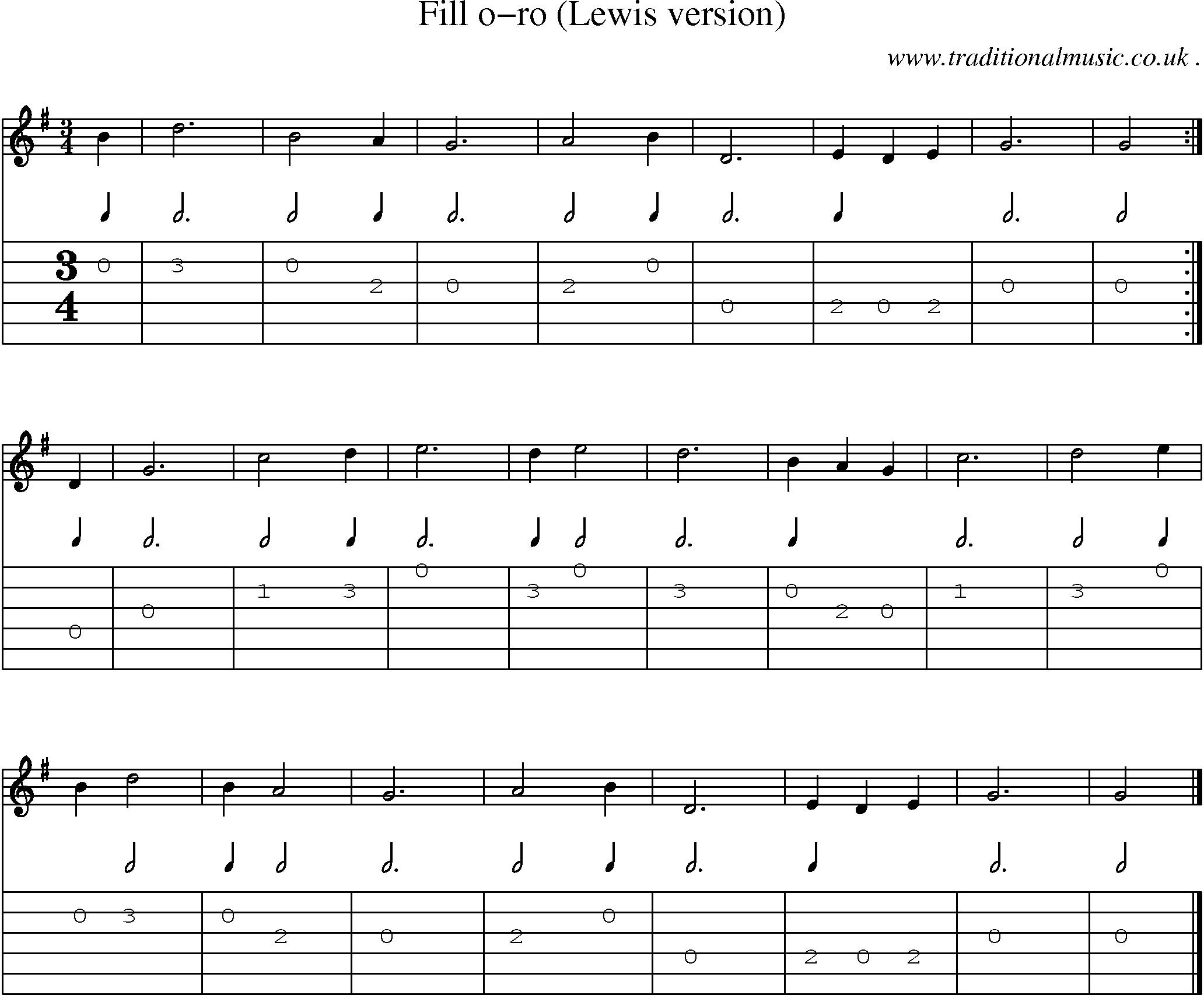 Sheet-music  score, Chords and Guitar Tabs for Fill O-ro Lewis Version