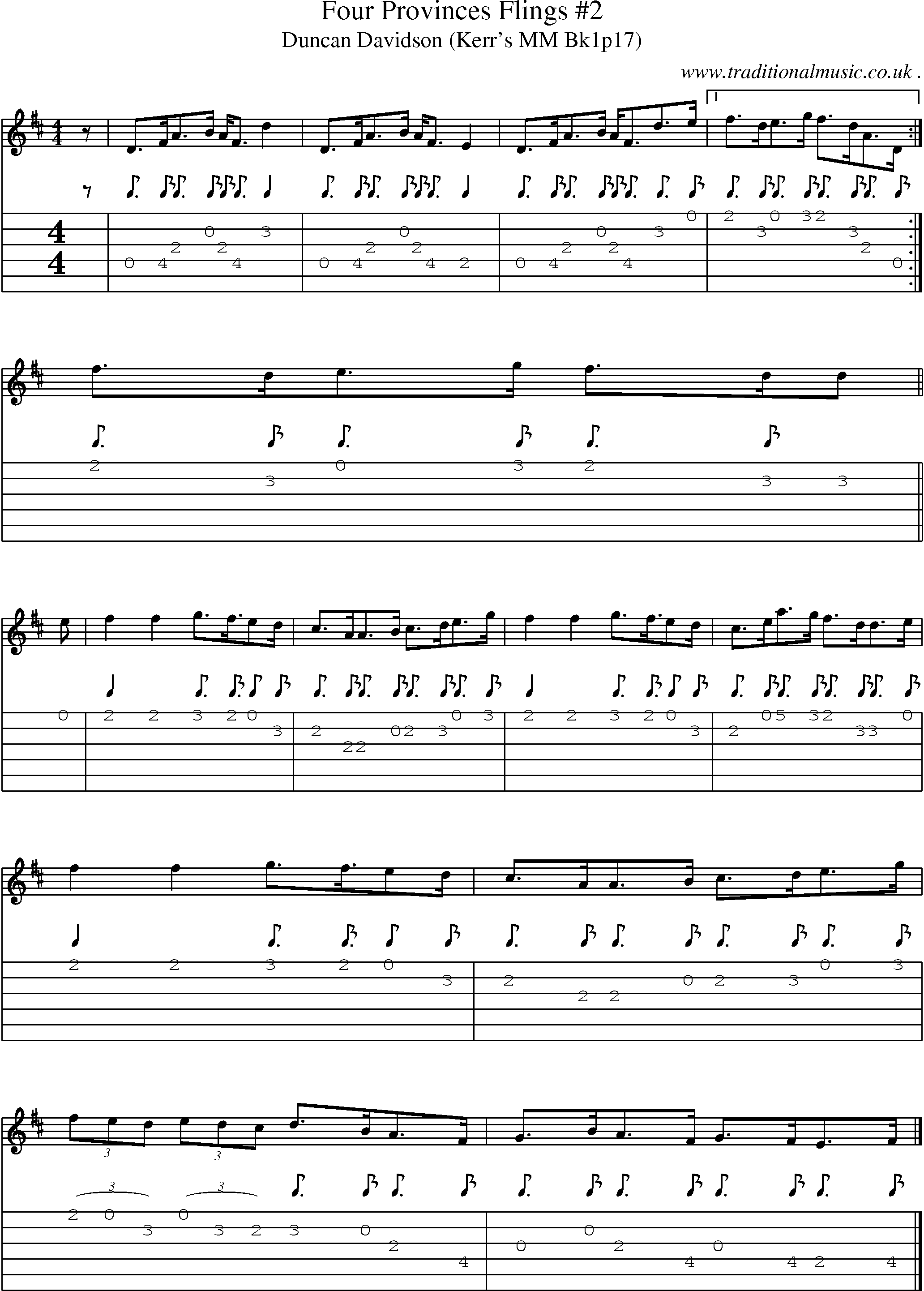 Sheet-music  score, Chords and Guitar Tabs for Four Provinces Flings 2