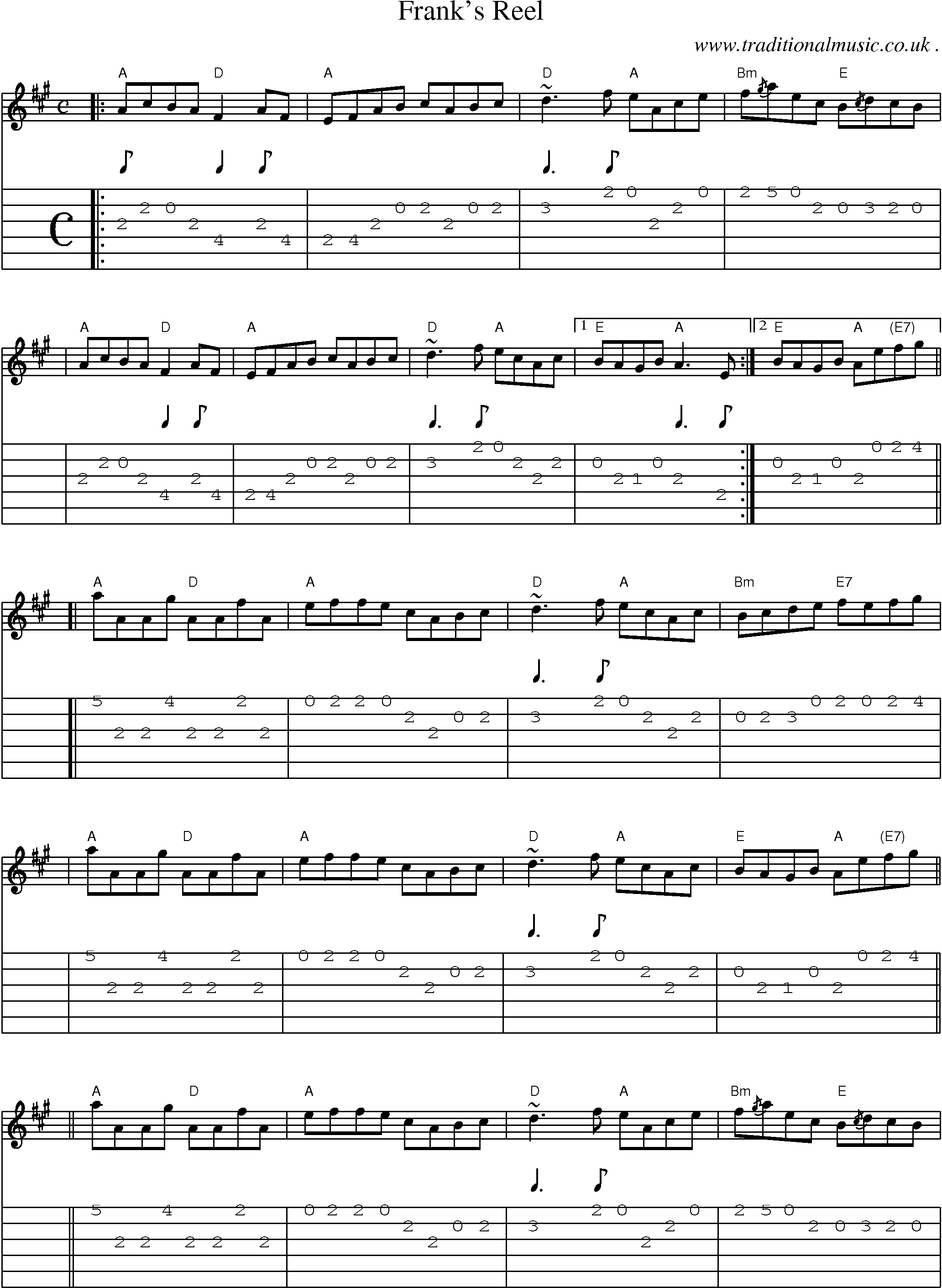 Sheet-music  score, Chords and Guitar Tabs for Franks Reel