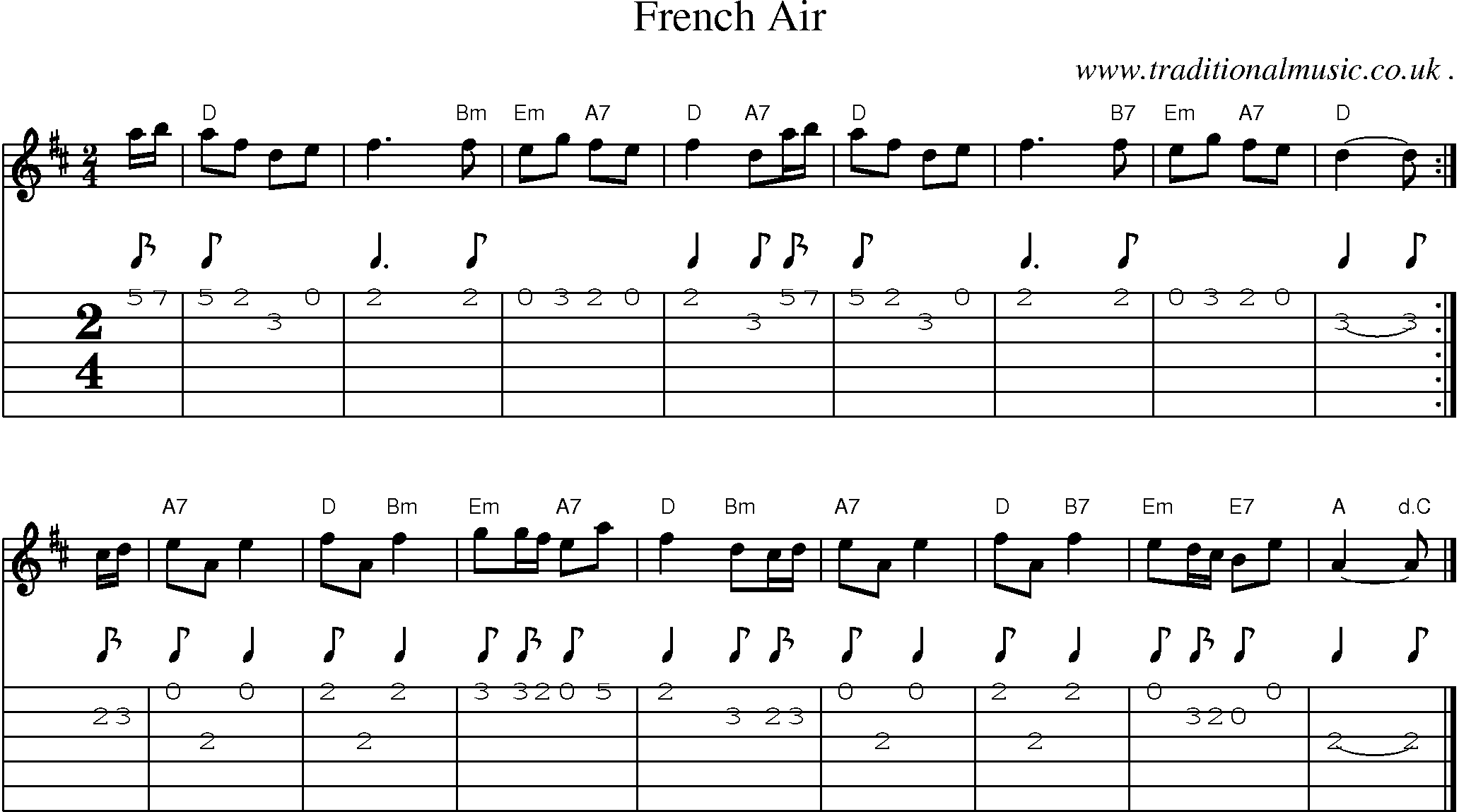 Sheet-music  score, Chords and Guitar Tabs for French Air