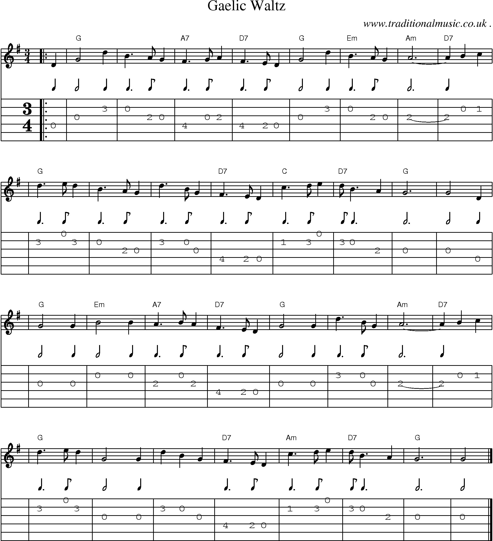 Sheet-music  score, Chords and Guitar Tabs for Gaelic Waltz