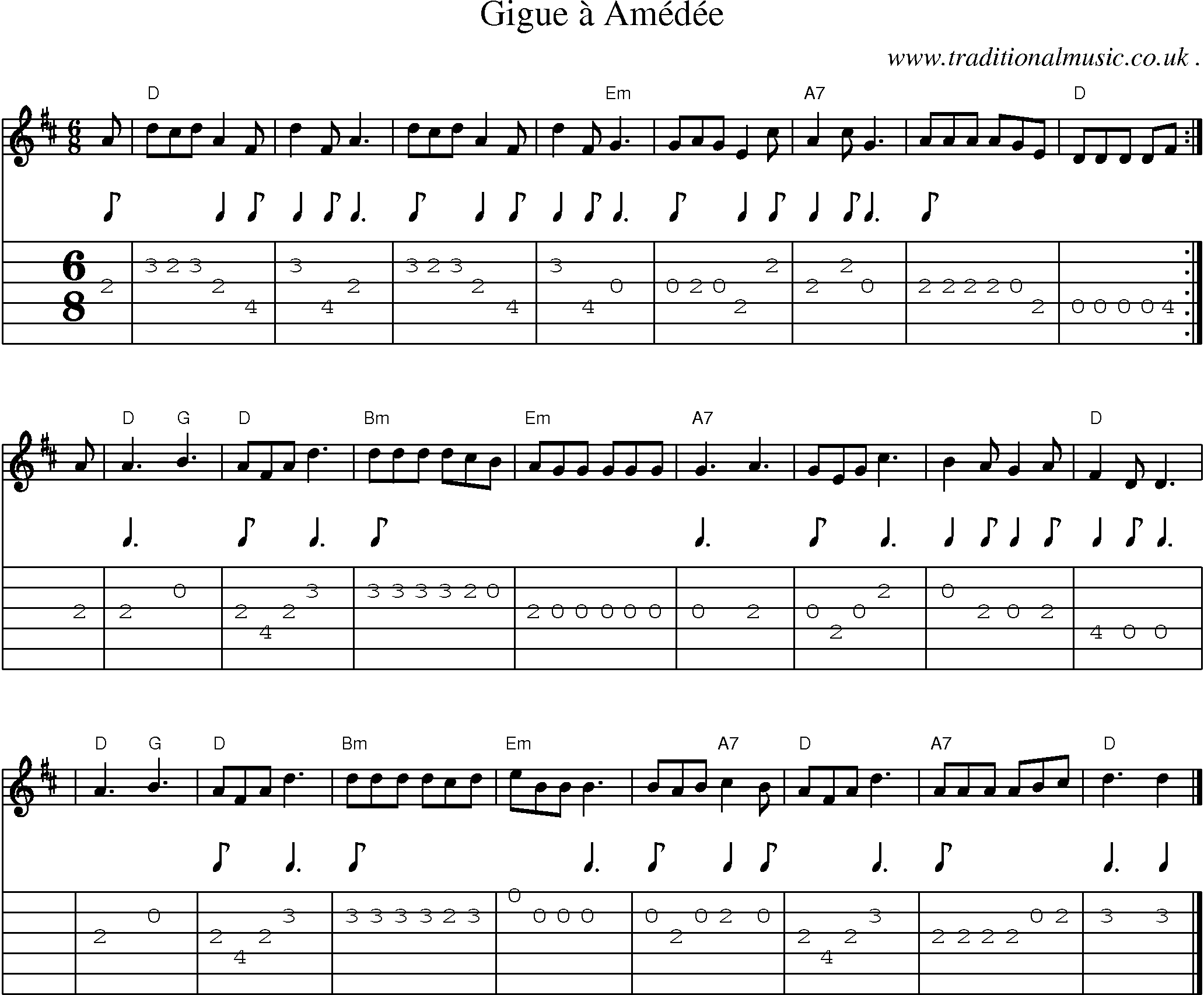 Sheet-music  score, Chords and Guitar Tabs for Gigue A Amedee