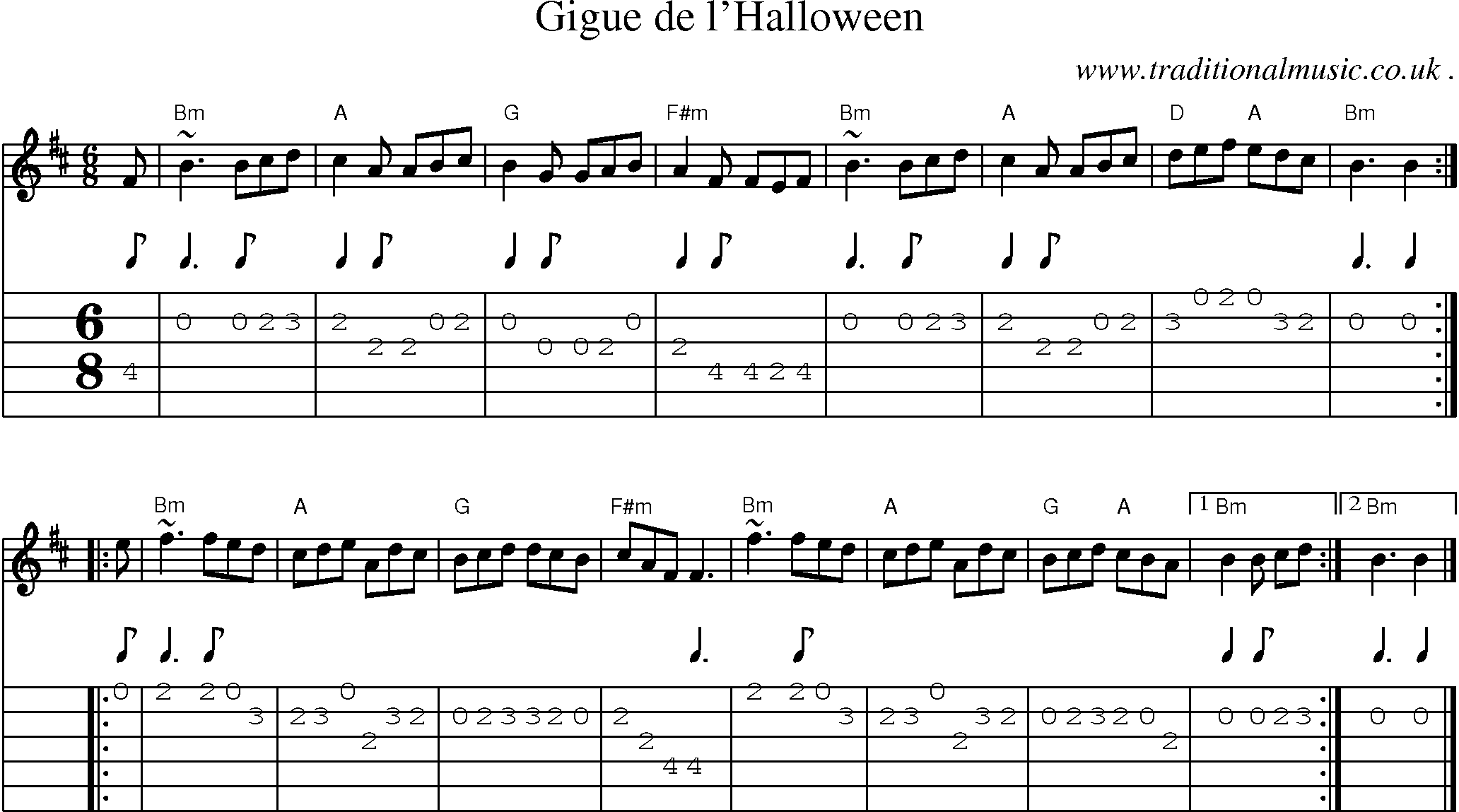 Sheet-music  score, Chords and Guitar Tabs for Gigue De Lhalloween