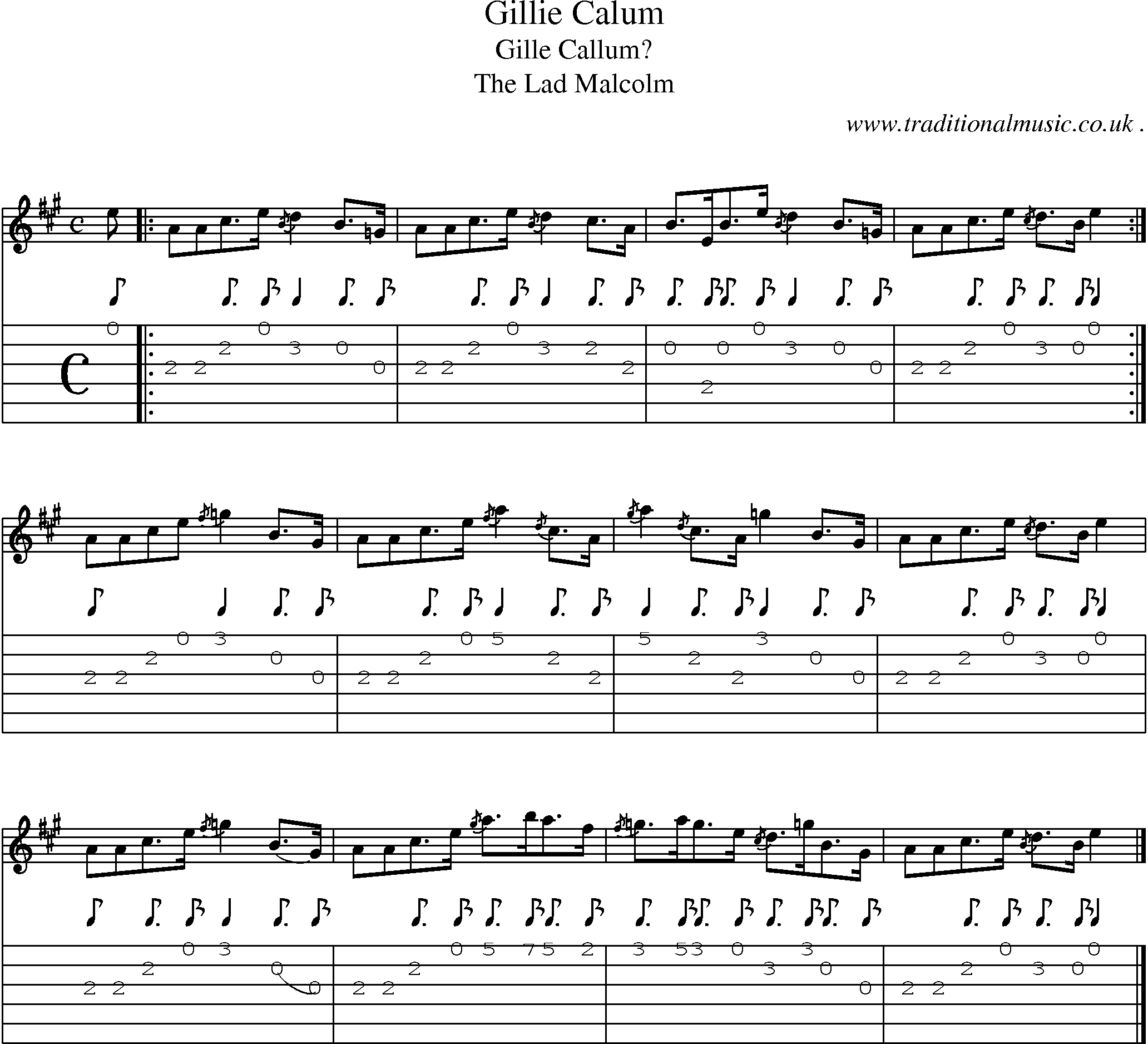 Sheet-music  score, Chords and Guitar Tabs for Gillie Calum