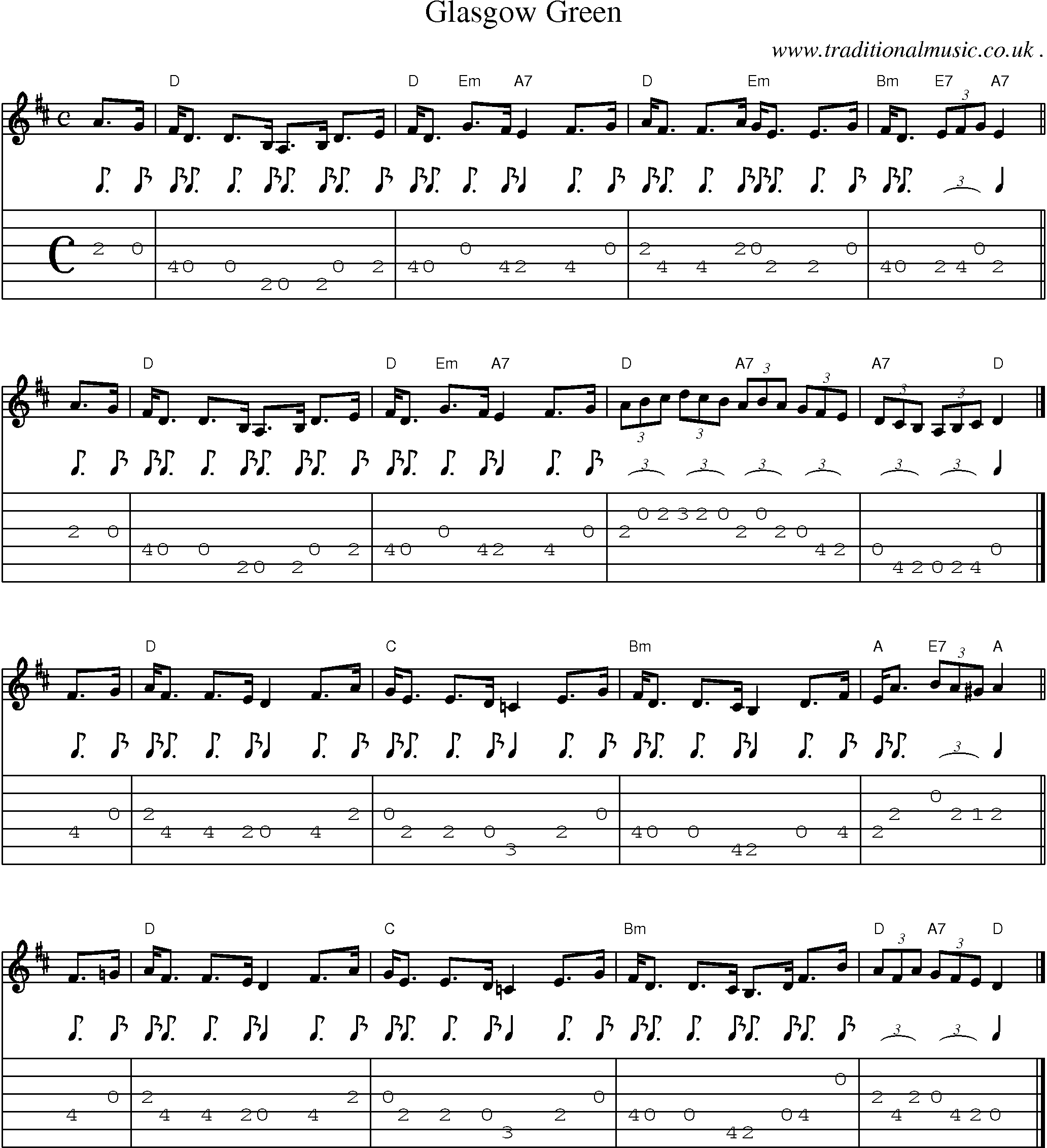 Sheet-music  score, Chords and Guitar Tabs for Glasgow Green