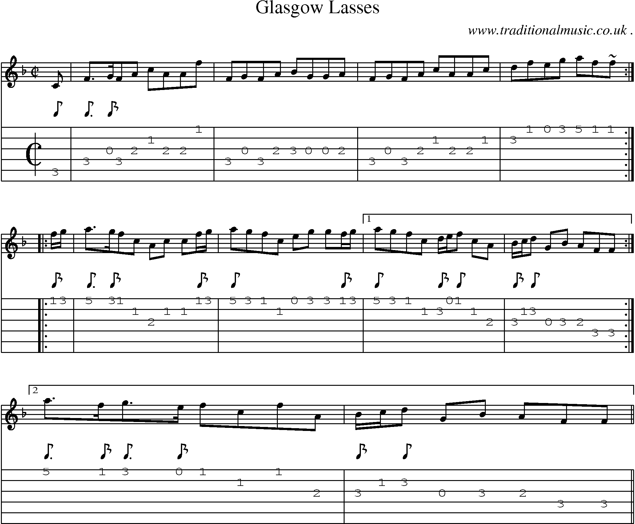 Sheet-music  score, Chords and Guitar Tabs for Glasgow Lasses