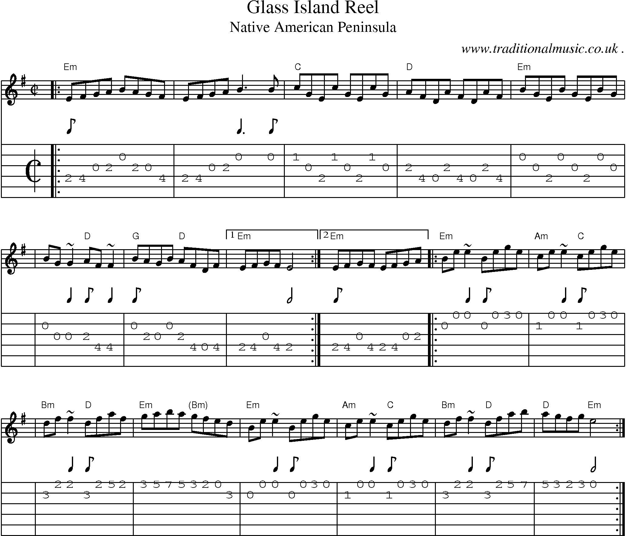 Sheet-music  score, Chords and Guitar Tabs for Glass Island Reel