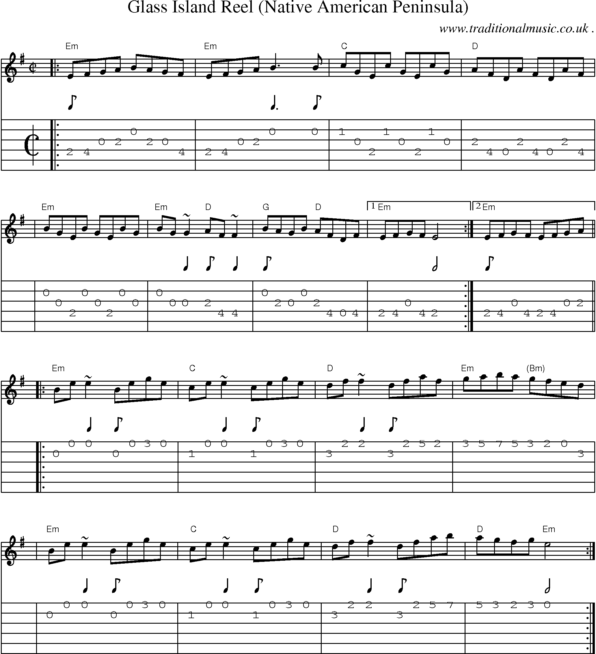 Sheet-music  score, Chords and Guitar Tabs for Glass Island Reel Native American Peninsula