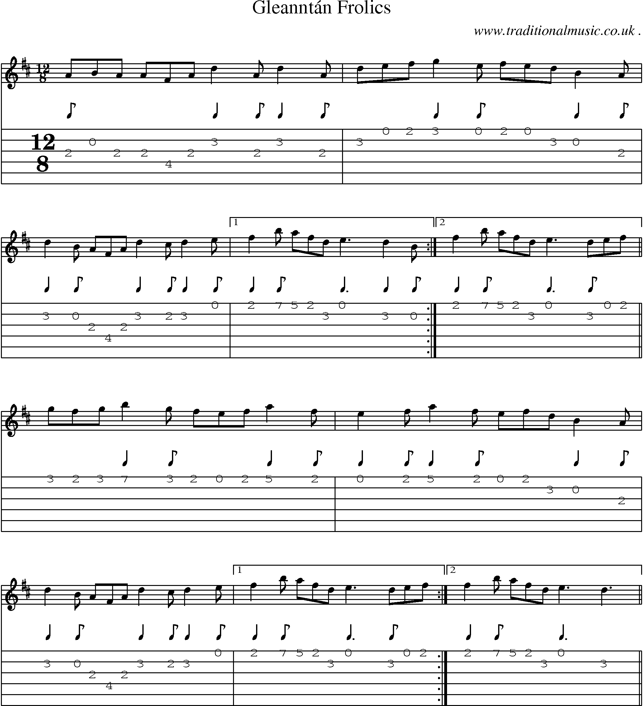 Sheet-music  score, Chords and Guitar Tabs for Gleanntan Frolics