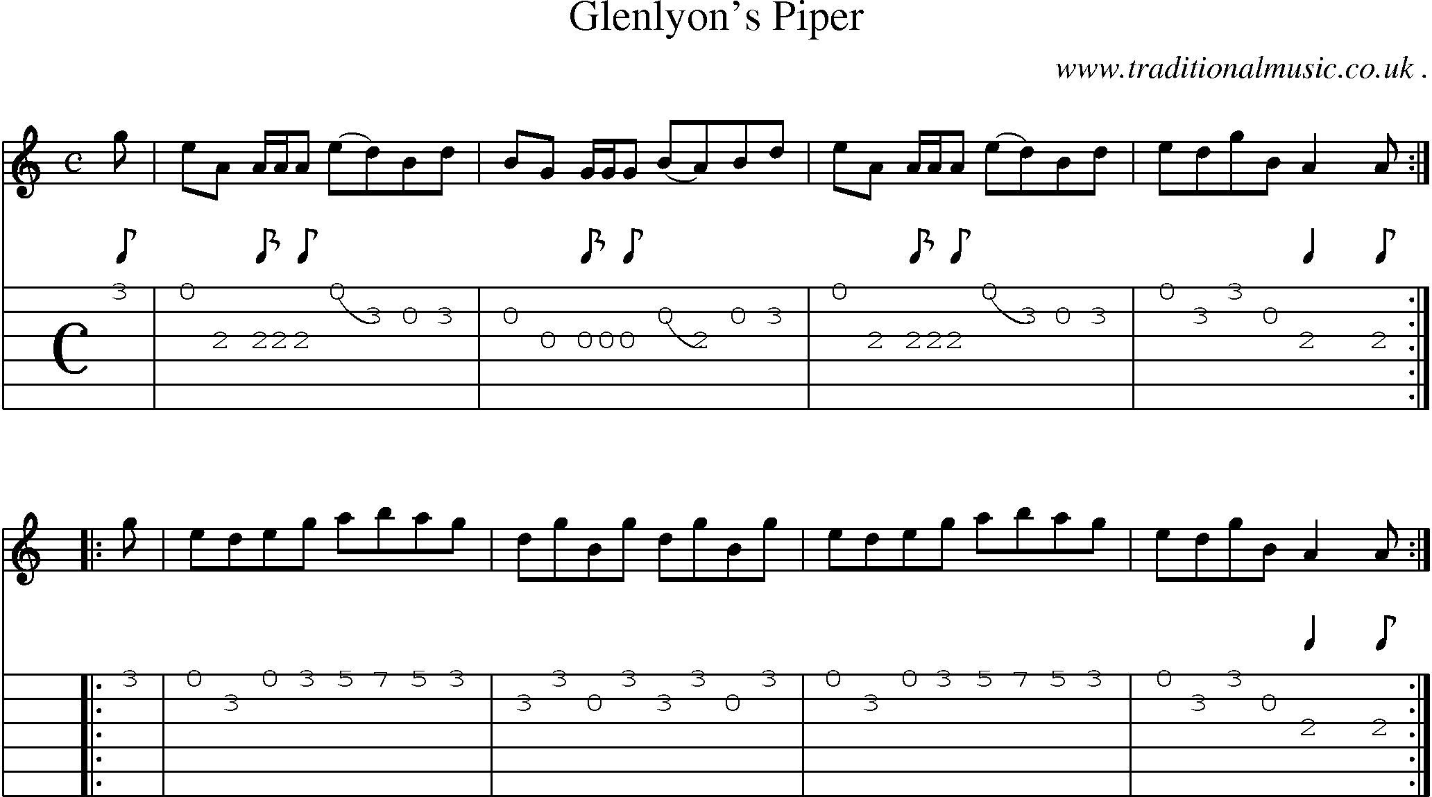 Sheet-music  score, Chords and Guitar Tabs for Glenlyons Piper