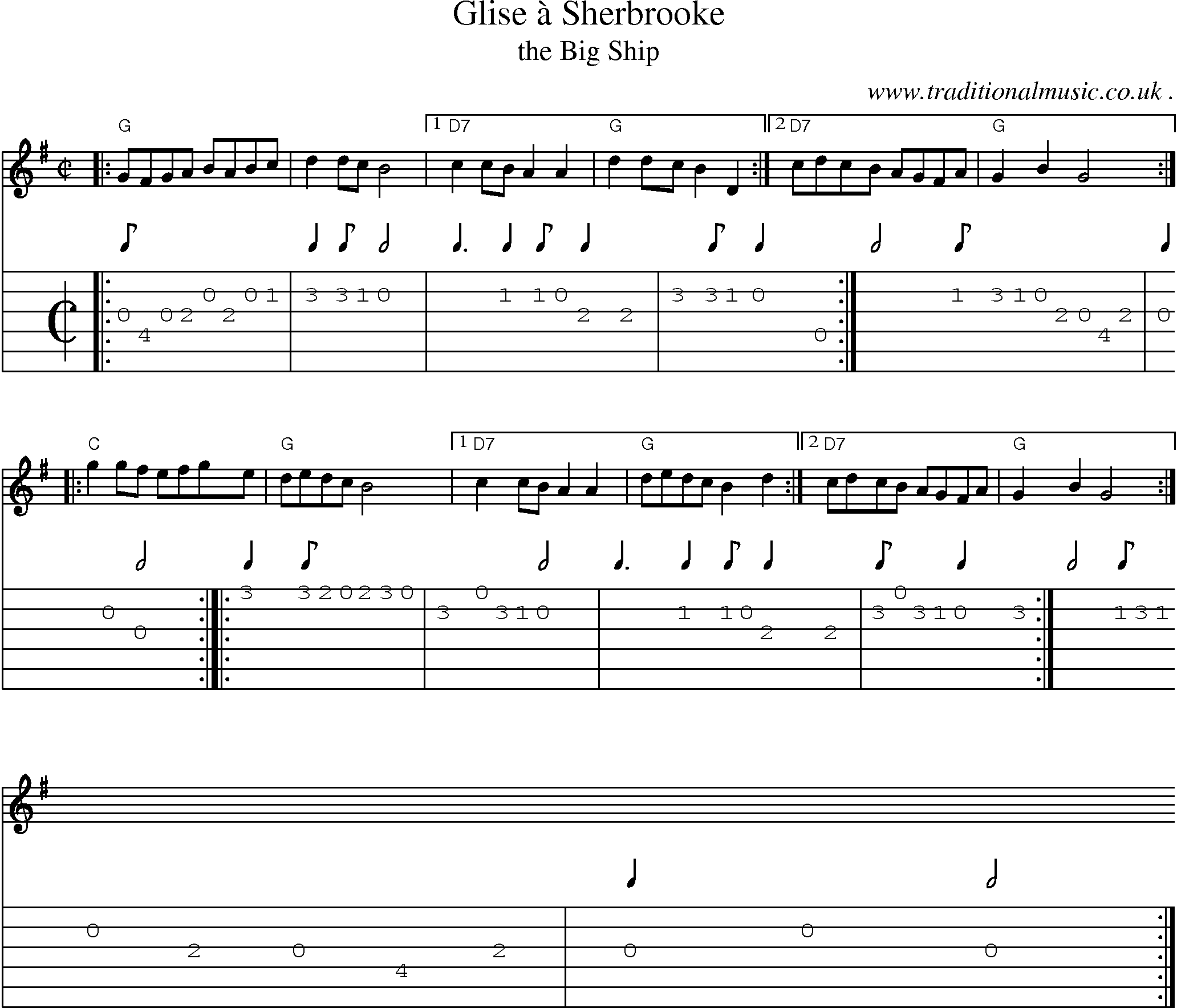 Sheet-music  score, Chords and Guitar Tabs for Glise A Sherbrooke