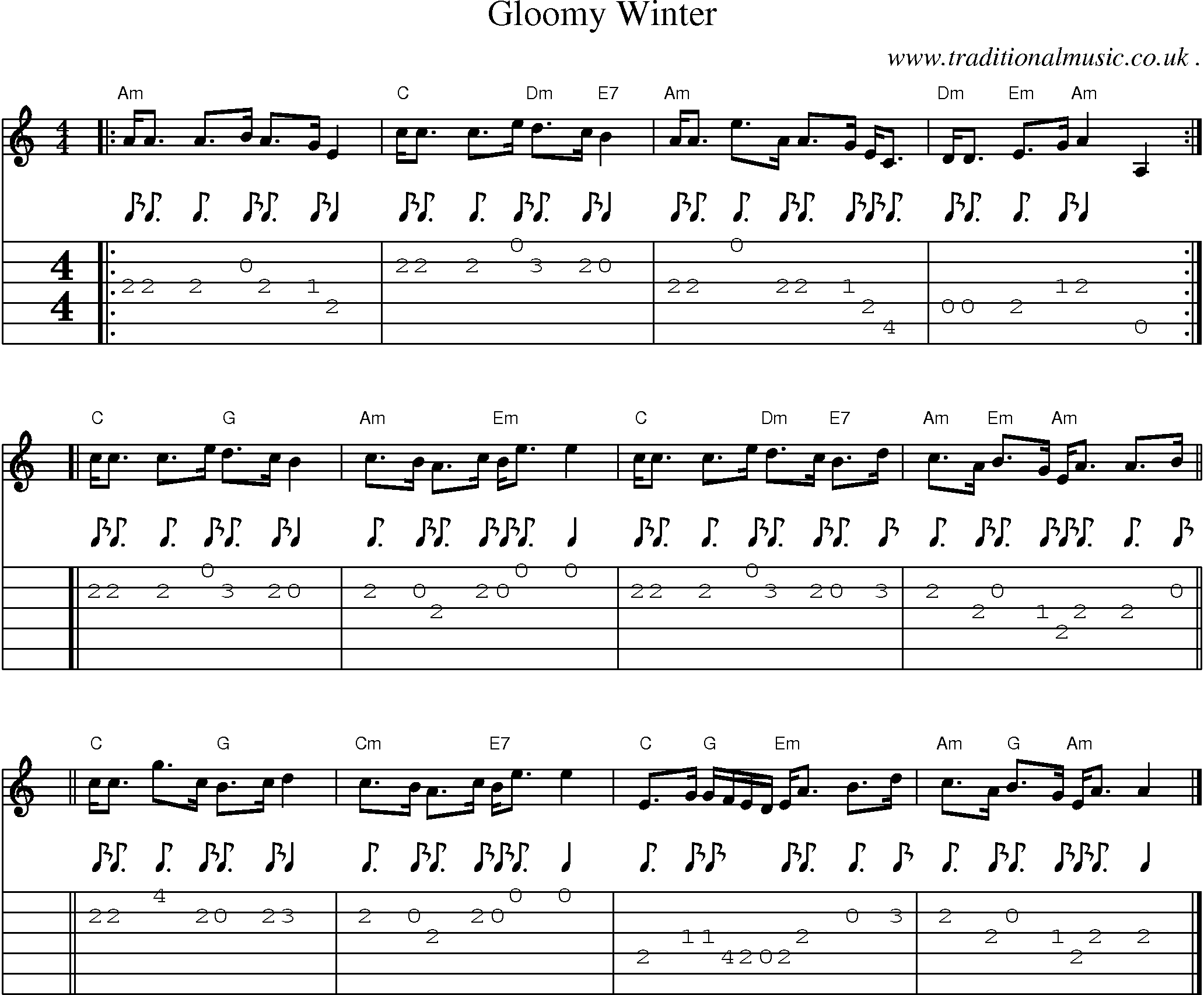 Sheet-music  score, Chords and Guitar Tabs for Gloomy Winter