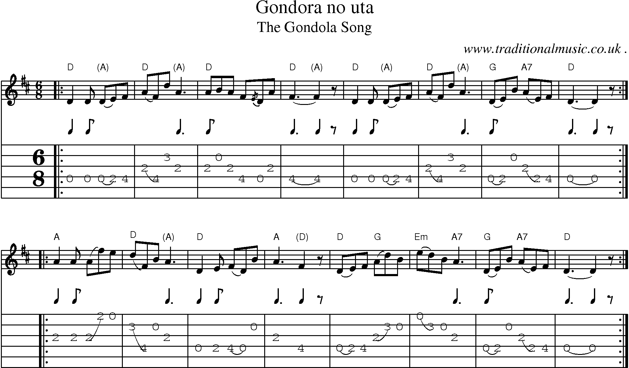 Sheet-music  score, Chords and Guitar Tabs for Gondora No Uta