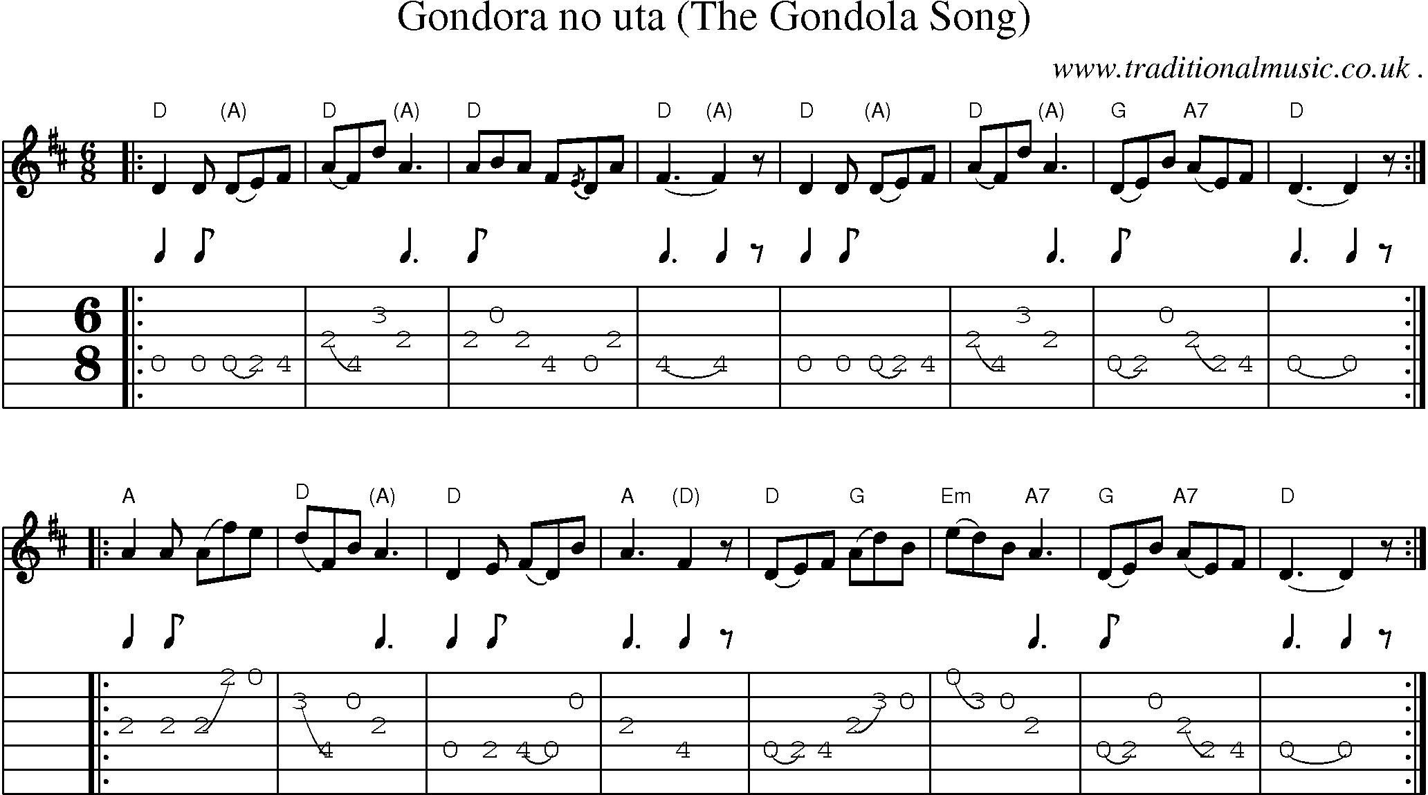 Sheet-music  score, Chords and Guitar Tabs for Gondora No Uta The Gondola Song
