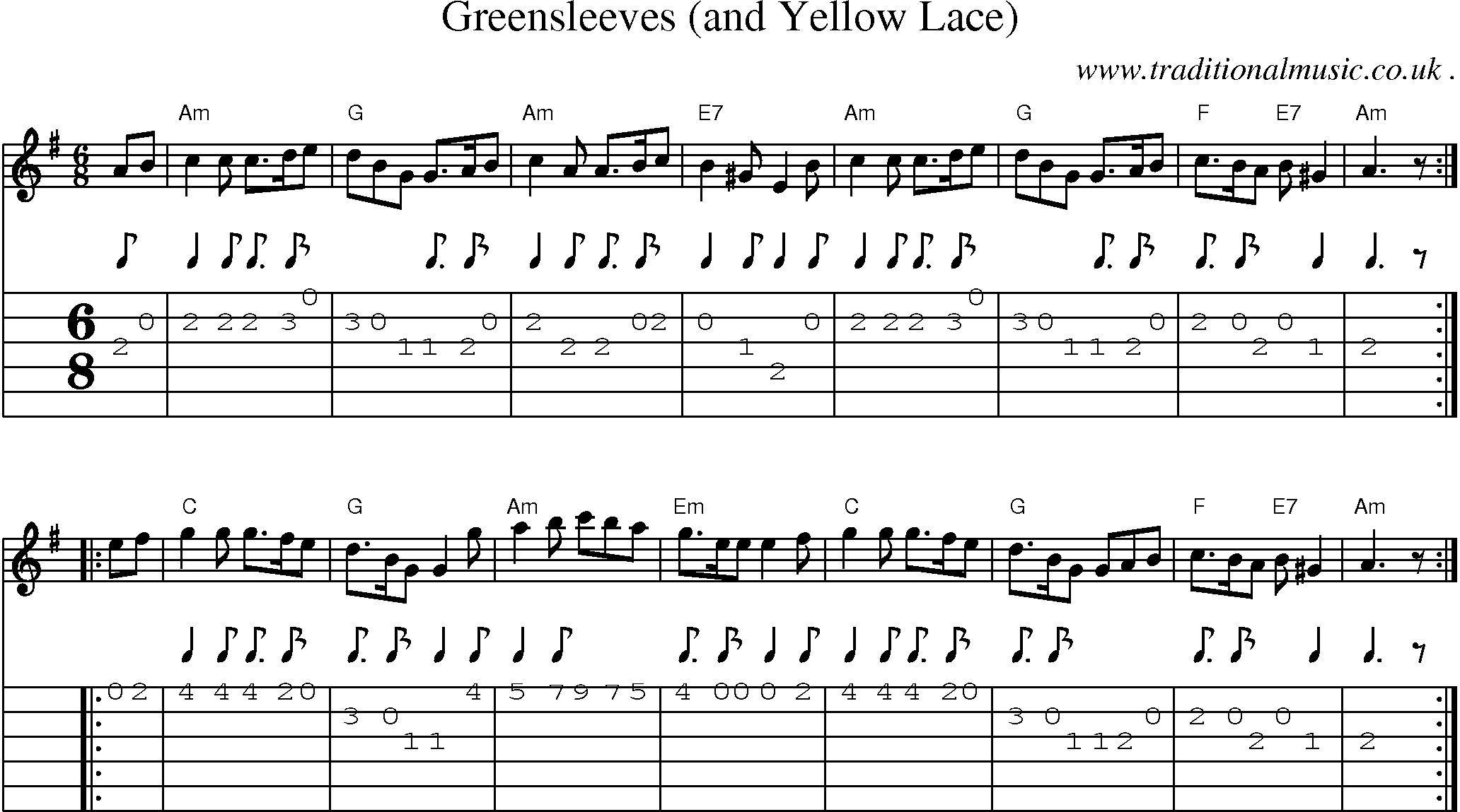 Sheet-music  score, Chords and Guitar Tabs for Greensleeves And Yellow Lace
